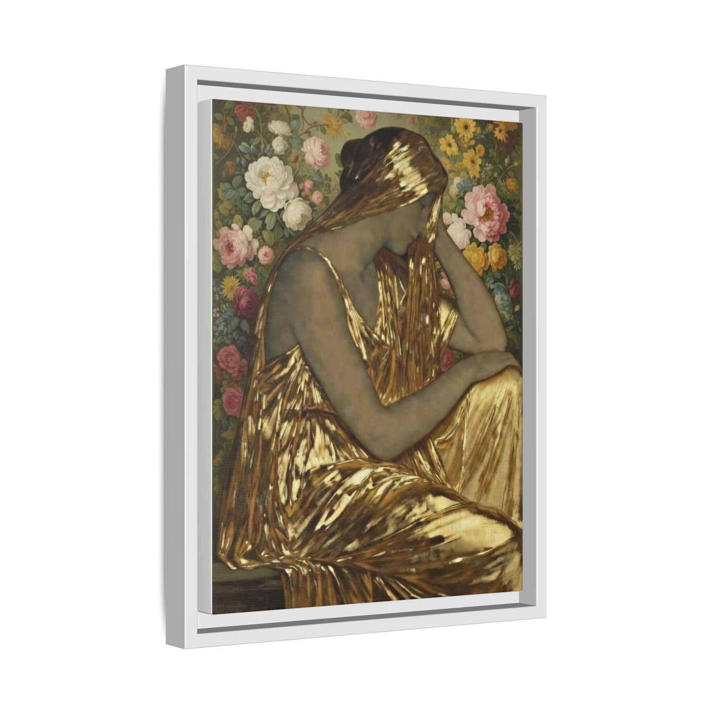 Framed Canvas Art Print — Golden Muse Woman with Floral Background