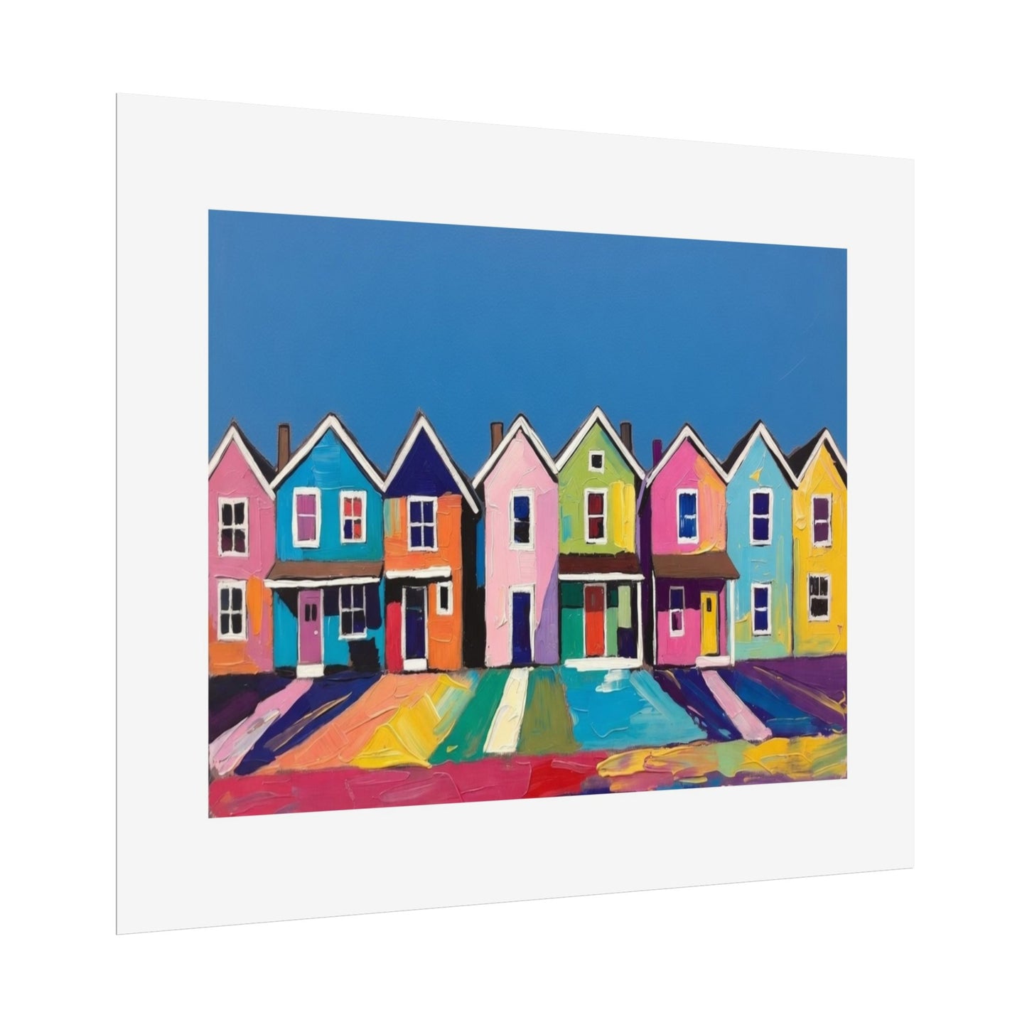 Colorful Row Houses Art Poster — Vibrant Coastal Street Wall Print