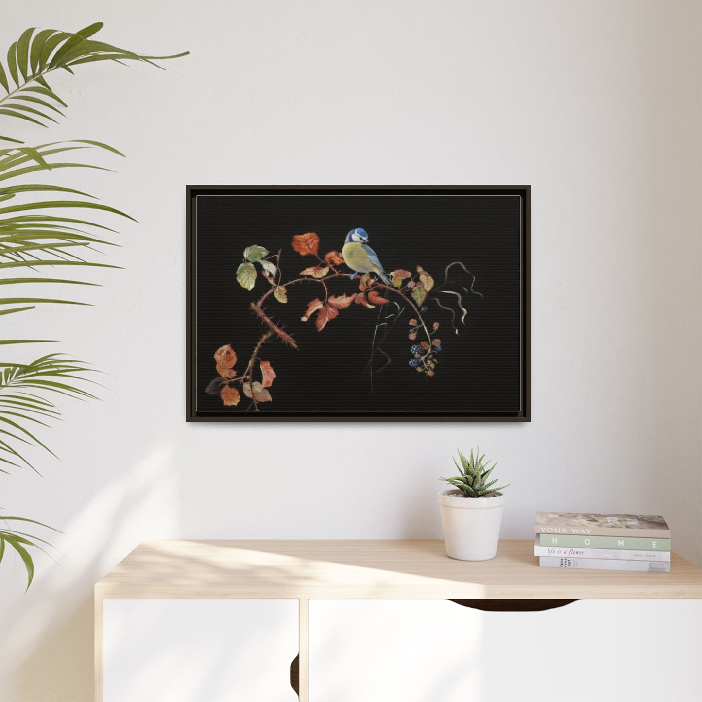 Framed Matte Canvas - Blue Tit on Autumn Branch Wall Art