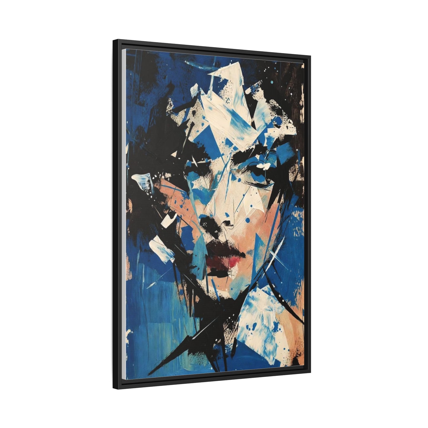 Abstract Portrait Matte Canvas Framed Wall Art — Blue Mixed-Media Face Print