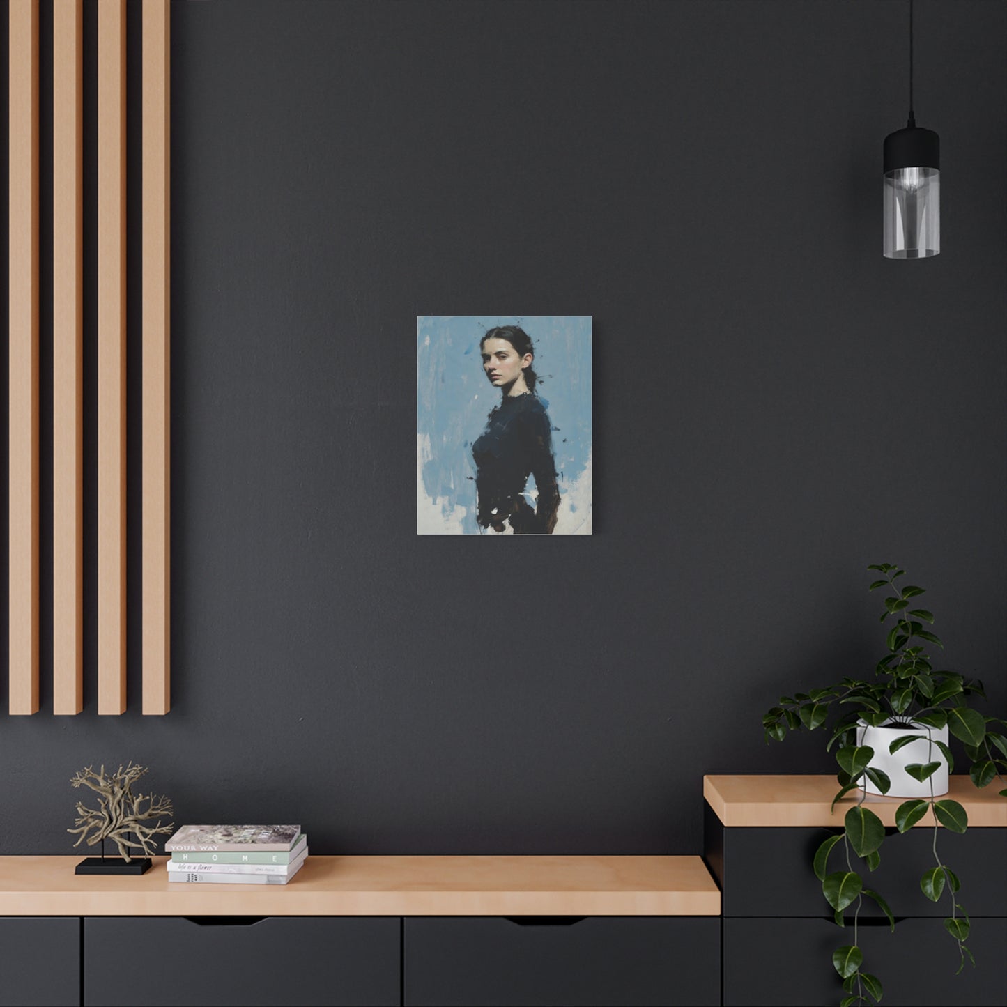 Matte Stretched Canvas Print — Portrait of a Young Woman, Moody Blue Figurative Art