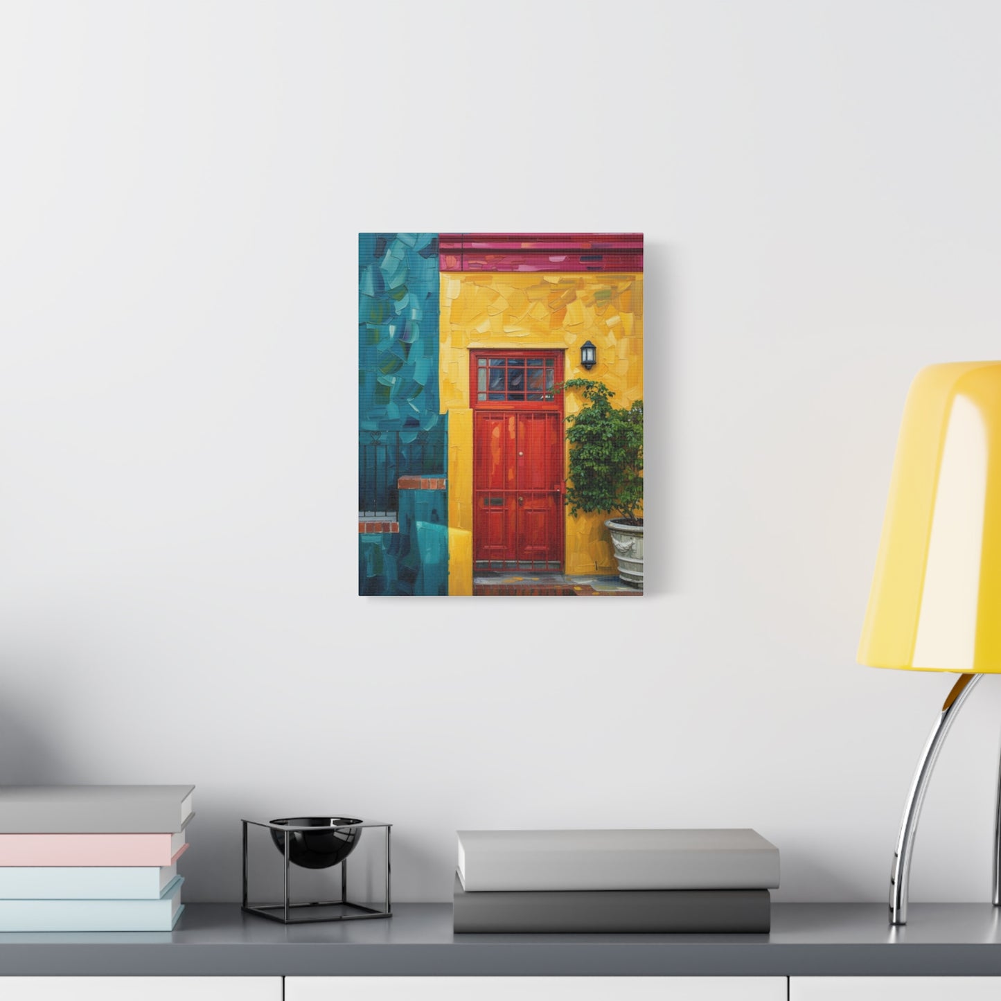 Colorful Doorway Canvas Wall Art — Vibrant Yellow & Teal Street Scene, Matte Stretched Print
