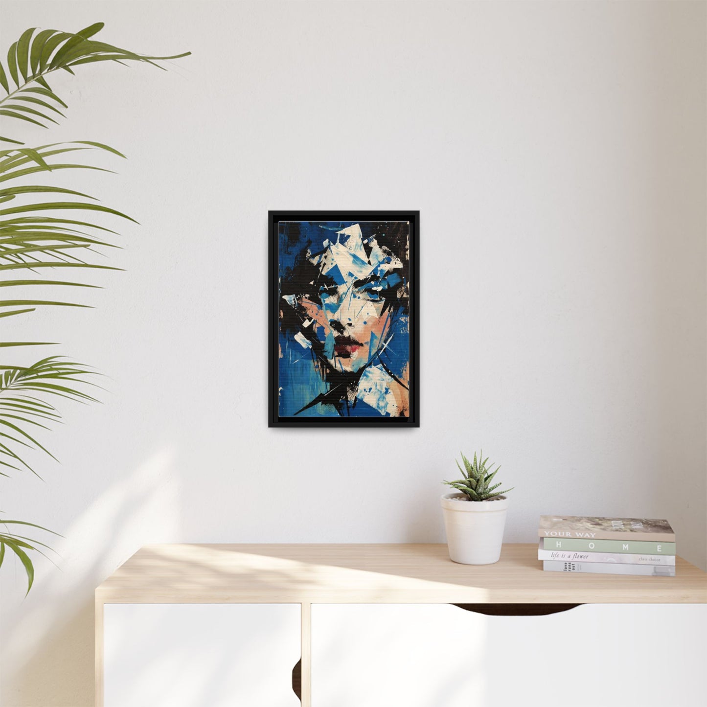Abstract Portrait Matte Canvas Framed Wall Art — Blue Mixed-Media Face Print