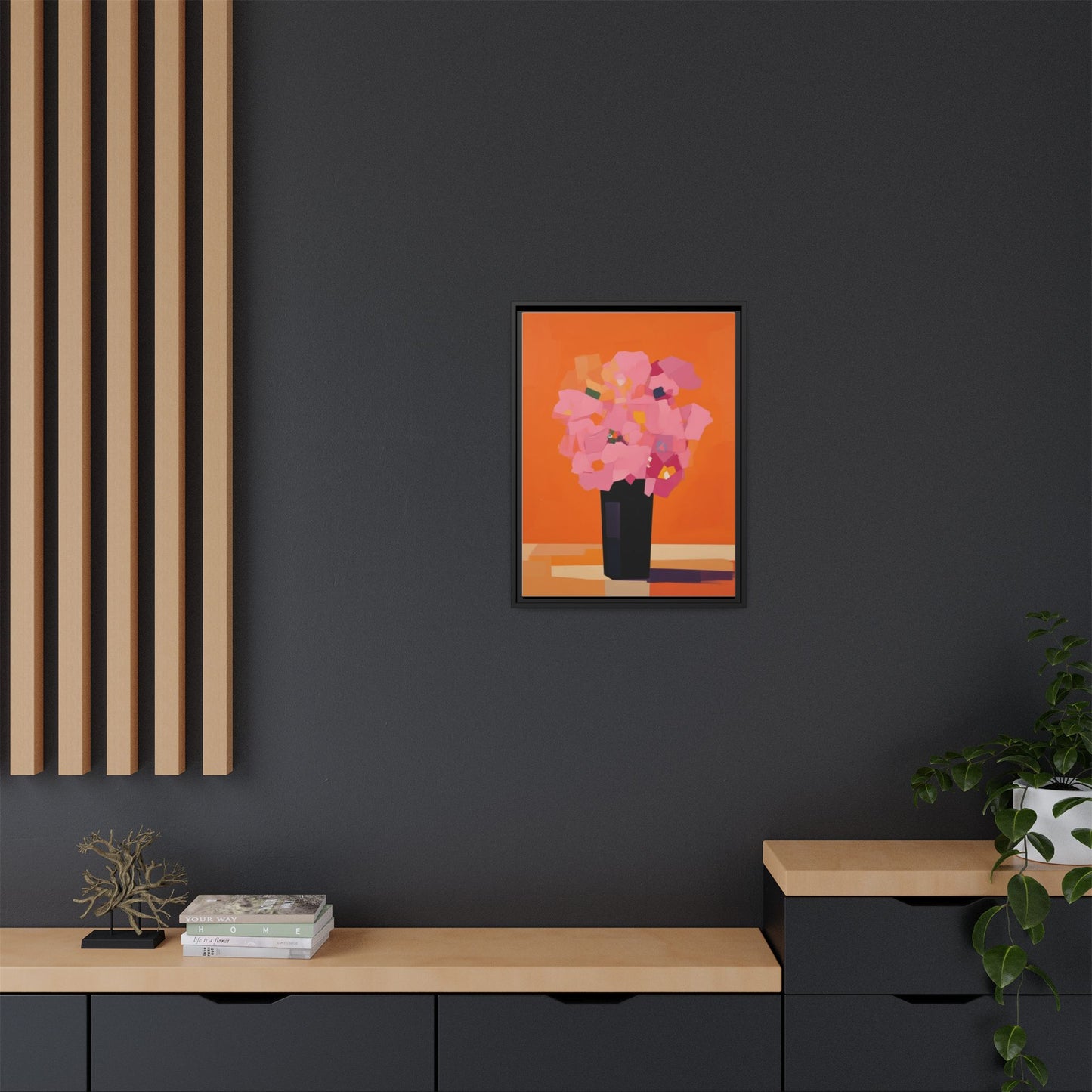 Framed Floral Canvas Art — Pink Bouquet on Orange Background