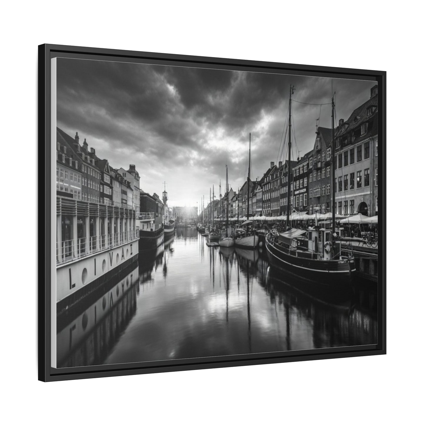 Framed Matte Canvas: Black & White Dutch Canal Photography Wall Art