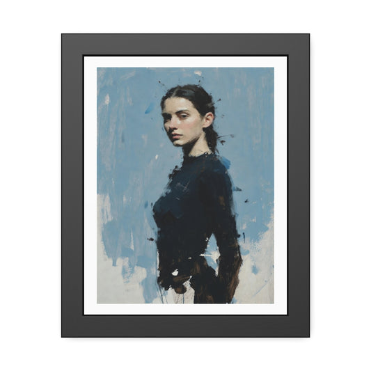 Framed Art Print — Moody Portrait with Blue Painterly Background