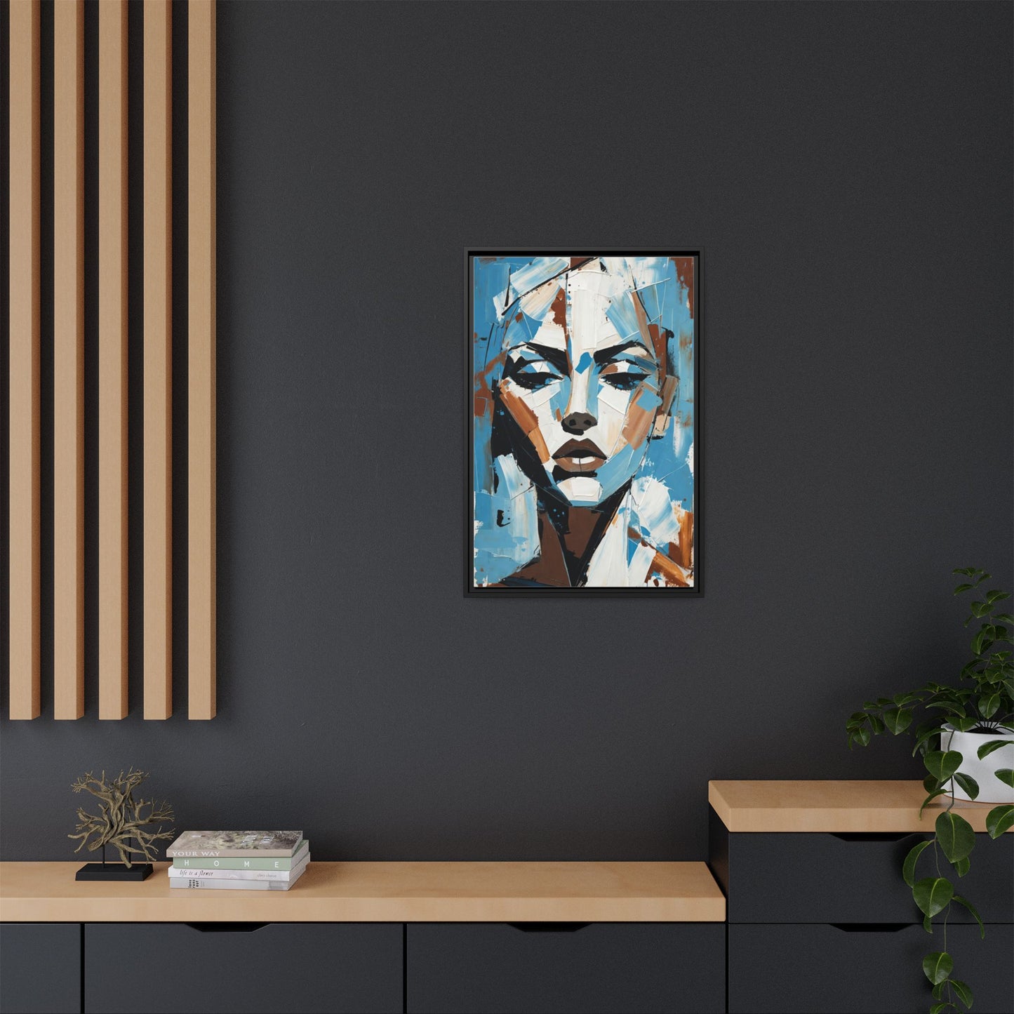 Abstract Blue Face Matte Canvas Wall Art — Framed Modern Portrait Print