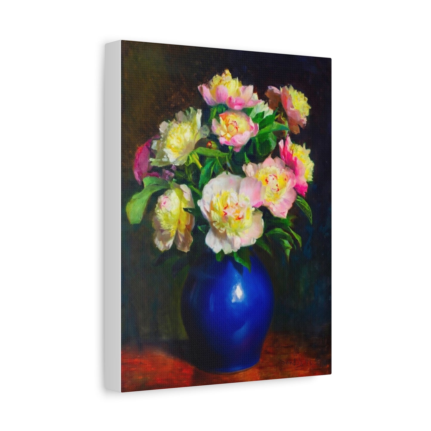Peony Bouquet Canvas Print — Pink Peonies in Blue Vase, Stretched Matte Wall Art