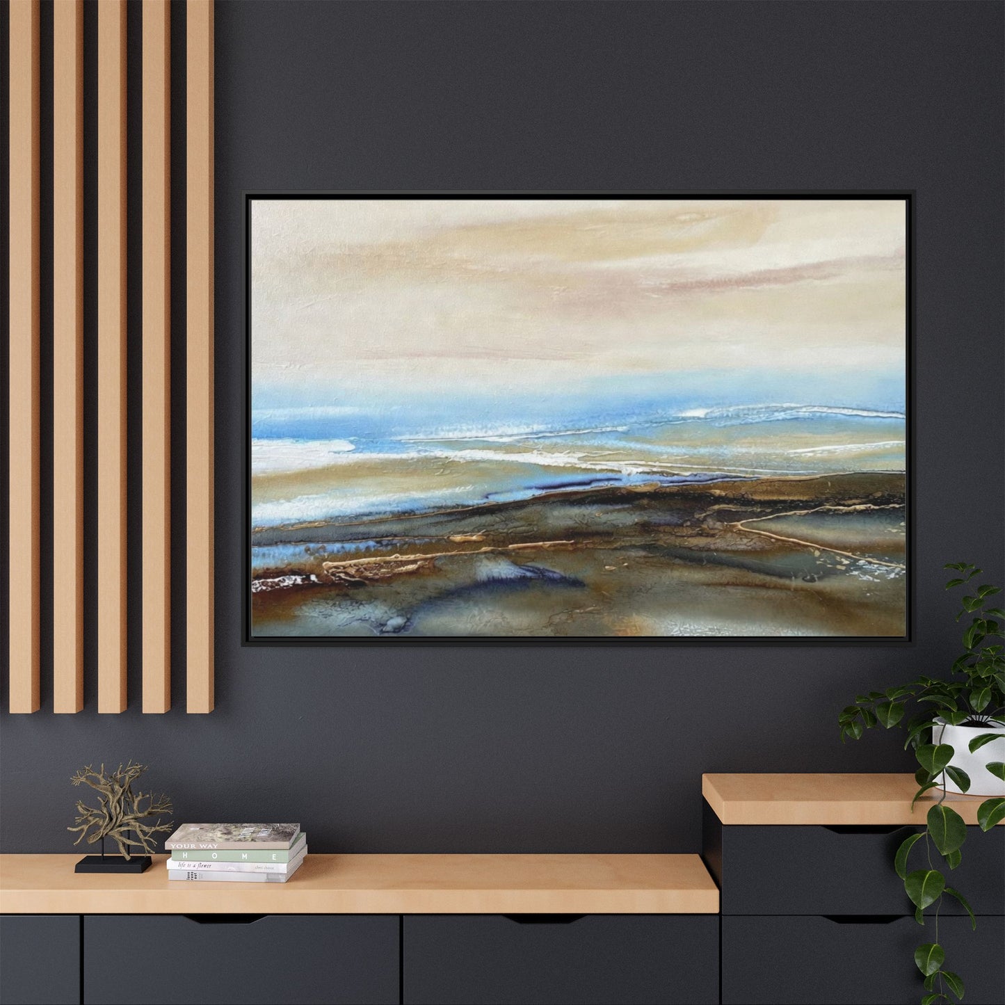 Framed Abstract Seascape Matte Canvas — Coastal Blue & Earth Tone Wall Art