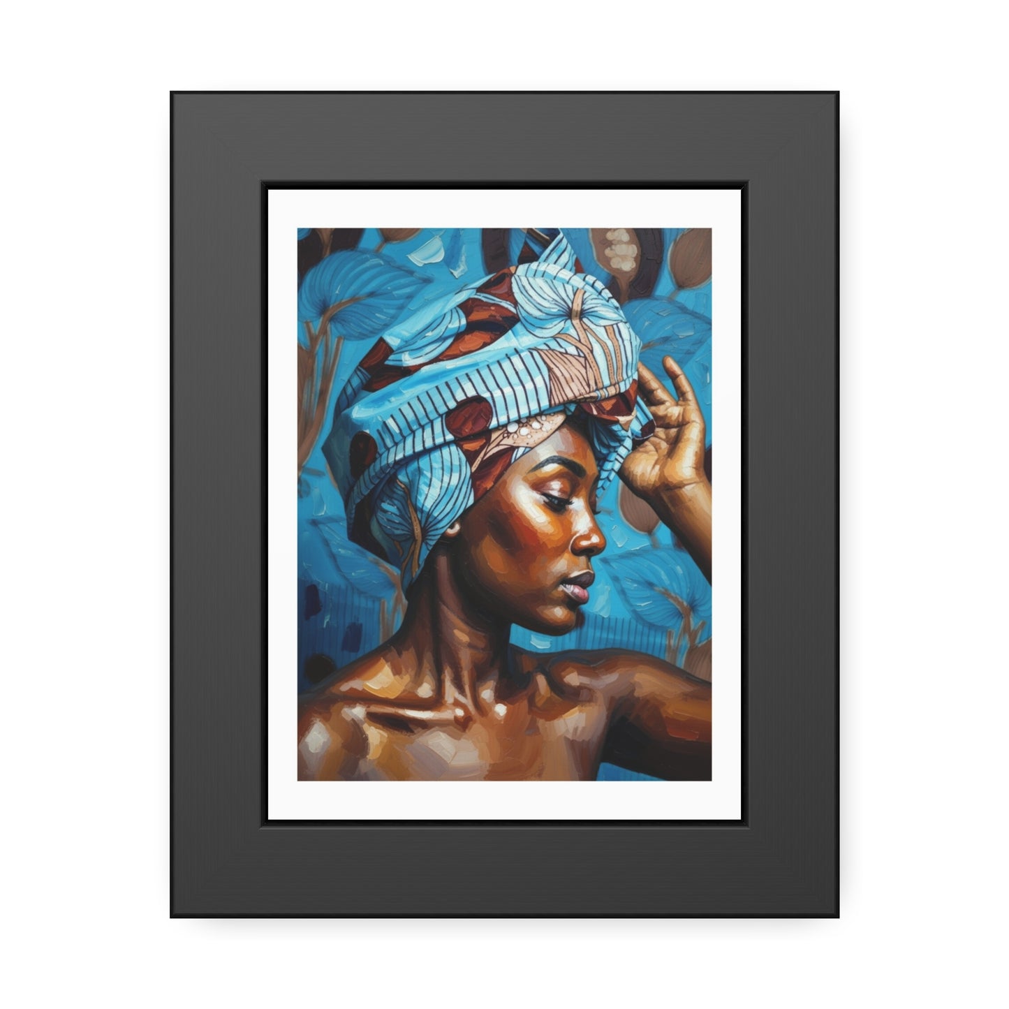 Framed Art Print — Portrait of Woman with Blue Headwrap (Gallery Wall Decor)