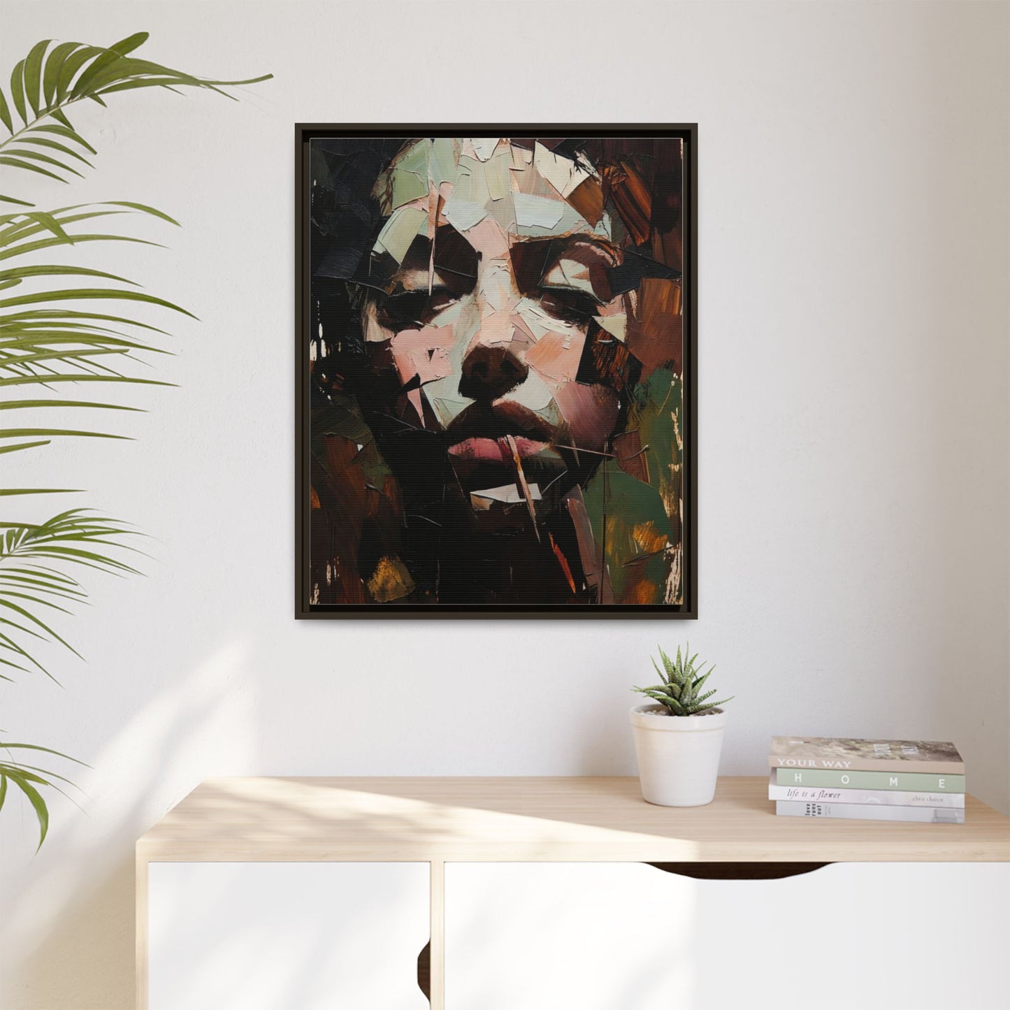 Matte Framed Canvas Art — Abstract Female Portrait, Moody Multicolor