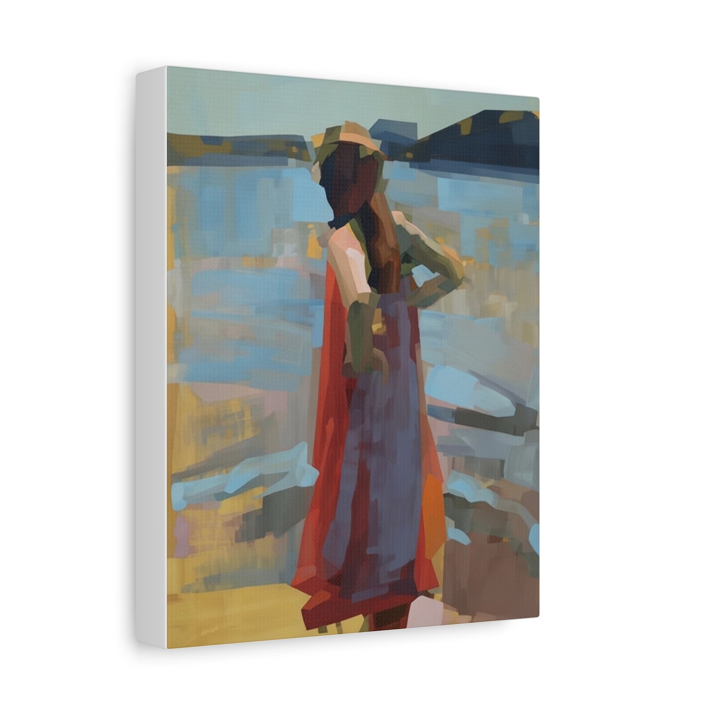 Coastal Stroll Matte Canvas Print — Abstract Woman in Red Dress, Stretched 1.25"