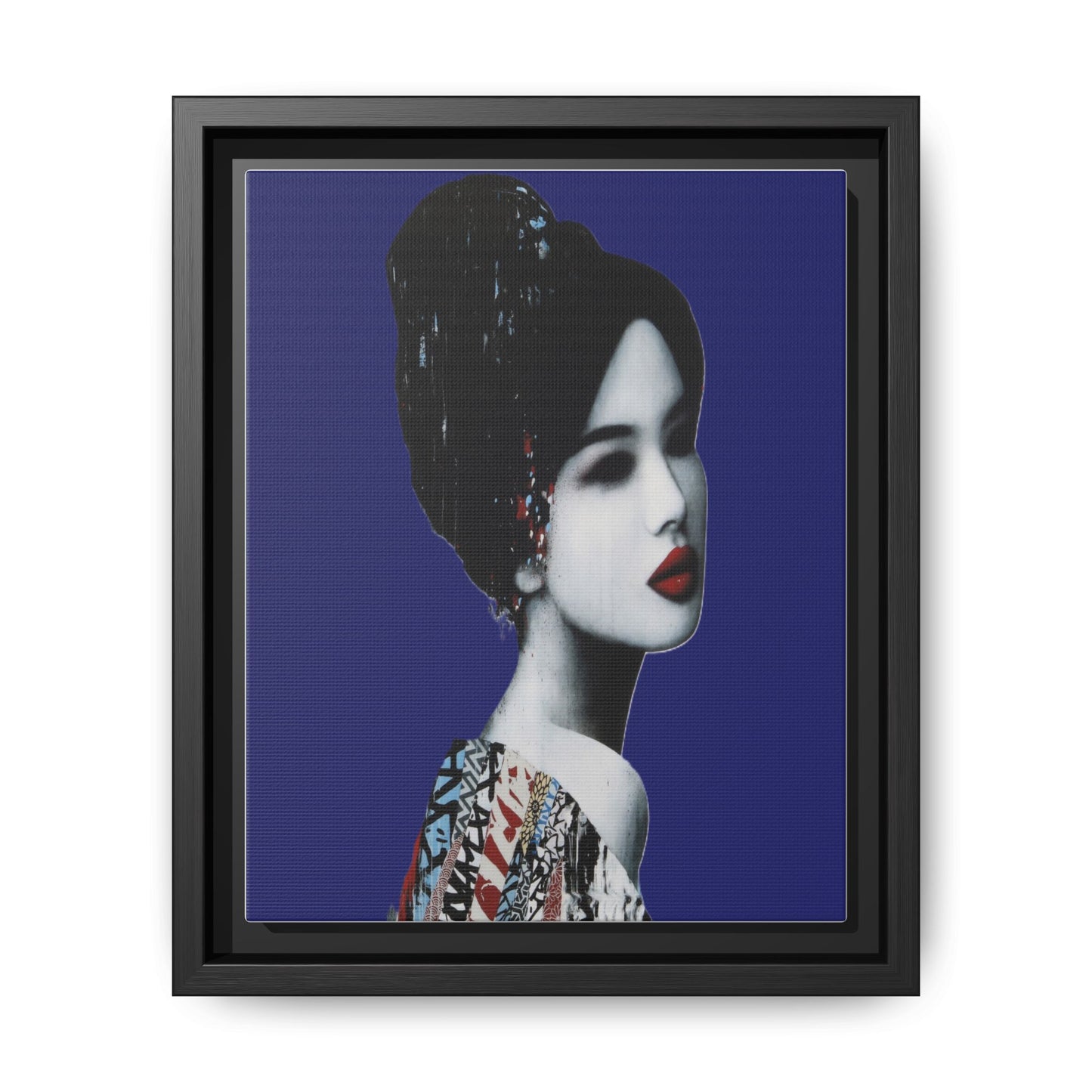 Framed Matte Canvas Art — Elegant Geisha Portrait on Deep Blue