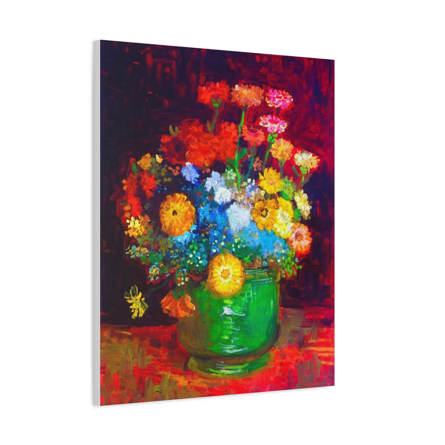 Floral Still Life Canvas Print — Vibrant Bouquet in Green Vase