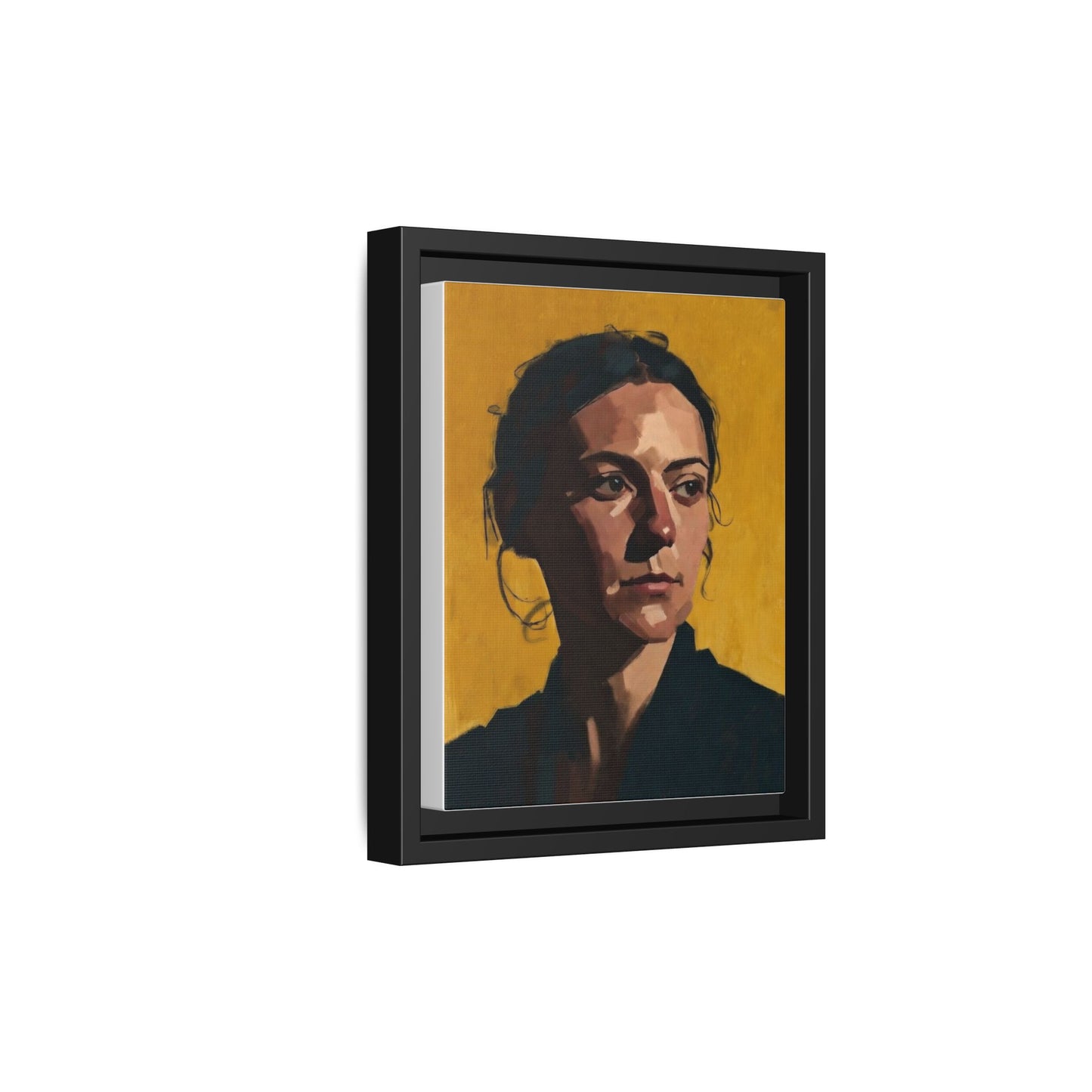 Framed Matte Canvas Portrait Art — Moody Woman on Mustard Background