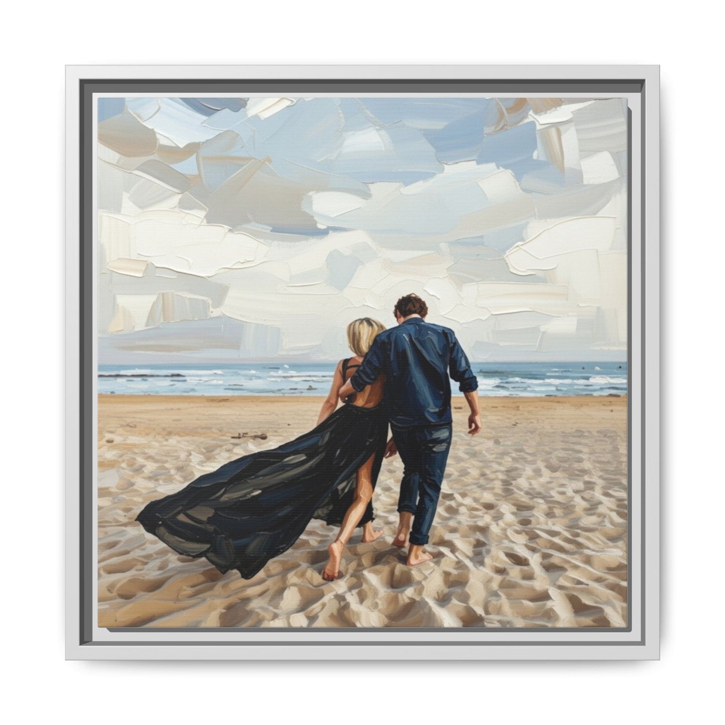 Framed Canvas Wall Art — Romantic Couple Walking on Beach Print