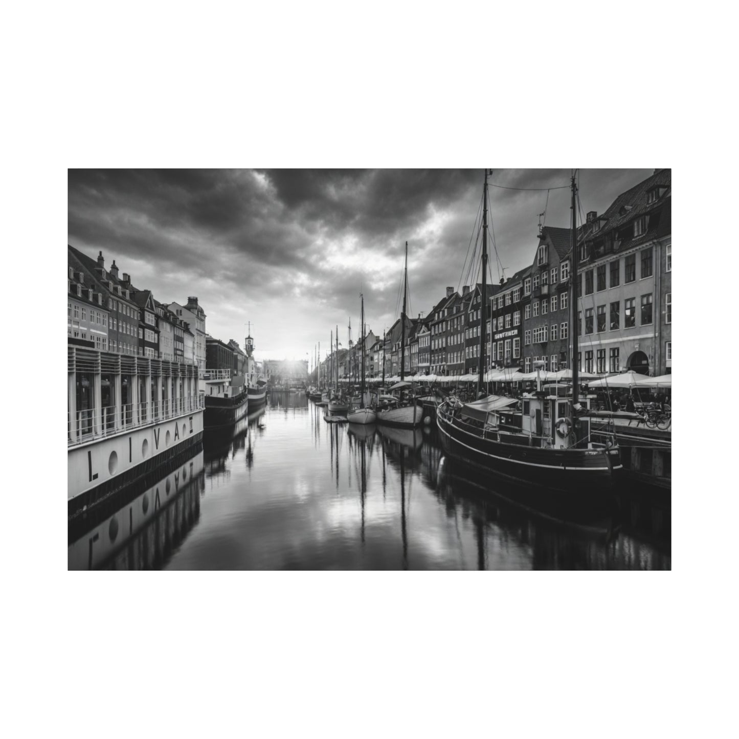Black & White Harbor Canvas Print — Dramatic Copenhagen Cityscape Wall Art