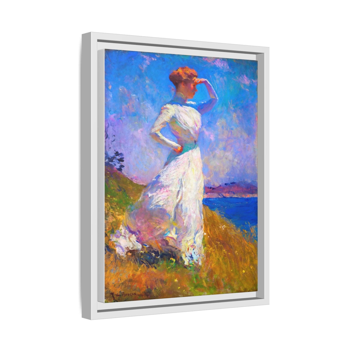 Framed Matte Canvas Art - Woman in White Seaside Impressionist Print