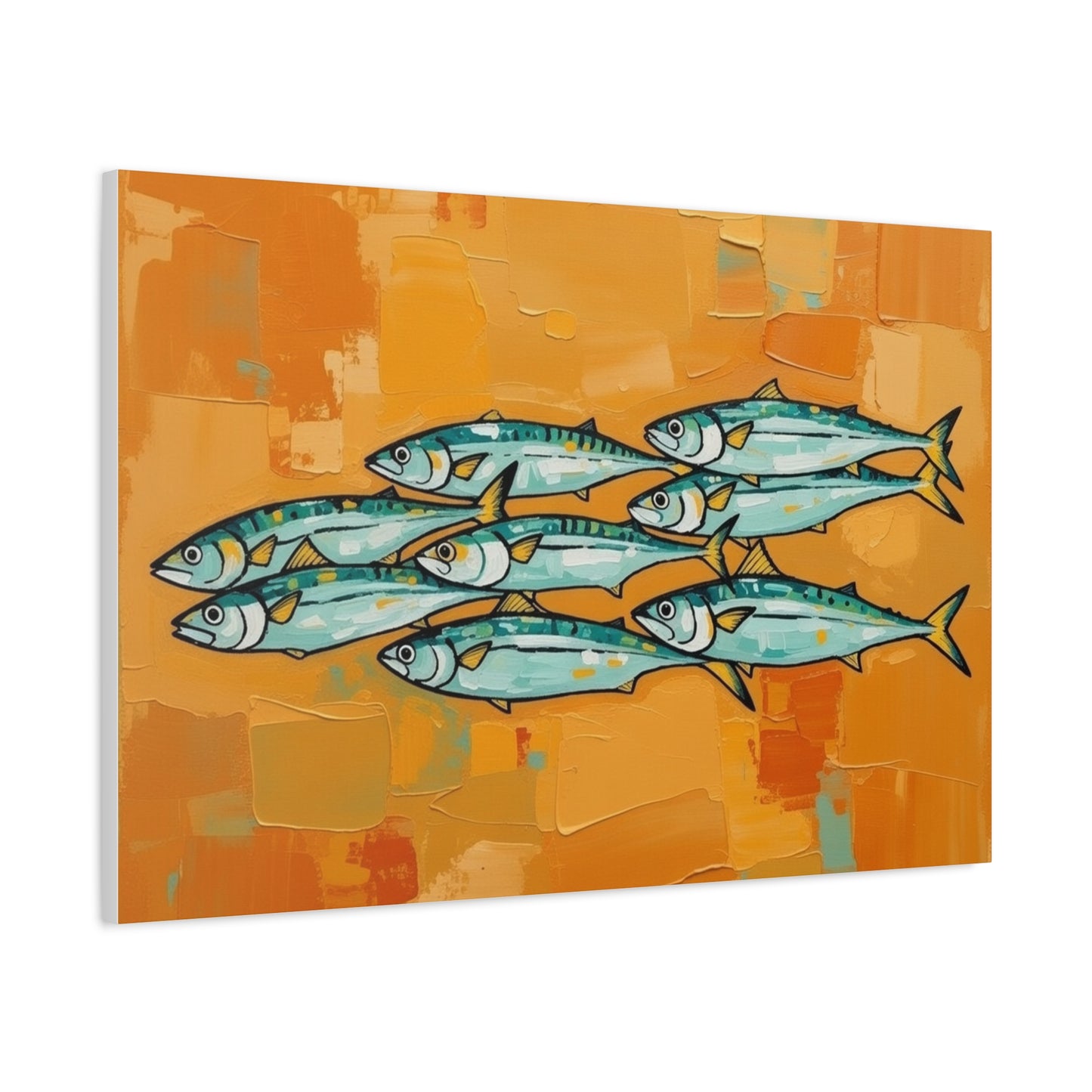 School of Mackerel Canvas Wall Art — Nautical Fish Painting on Orange Background