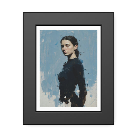 Framed Art Print — Moody Portrait with Blue Painterly Background