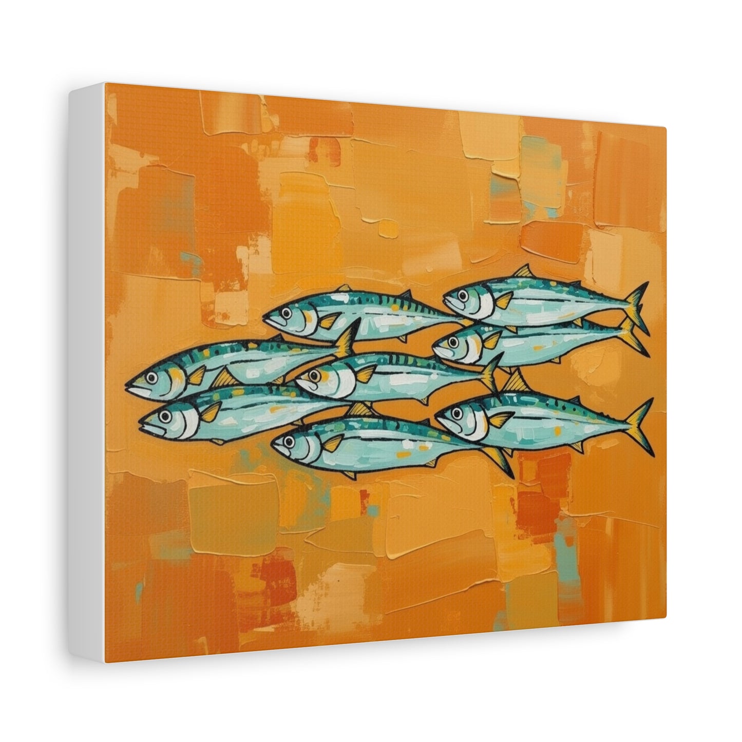 School of Mackerel Canvas Wall Art — Nautical Fish Painting on Orange Background