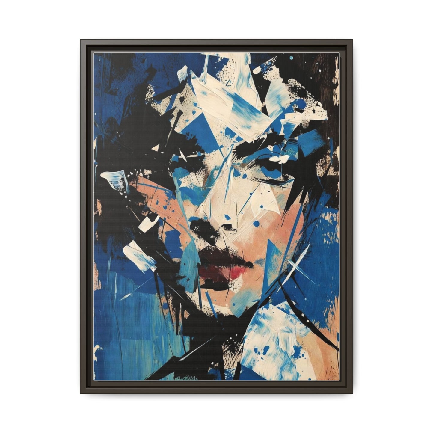 Abstract Portrait Matte Canvas Framed Wall Art — Blue Mixed-Media Face Print