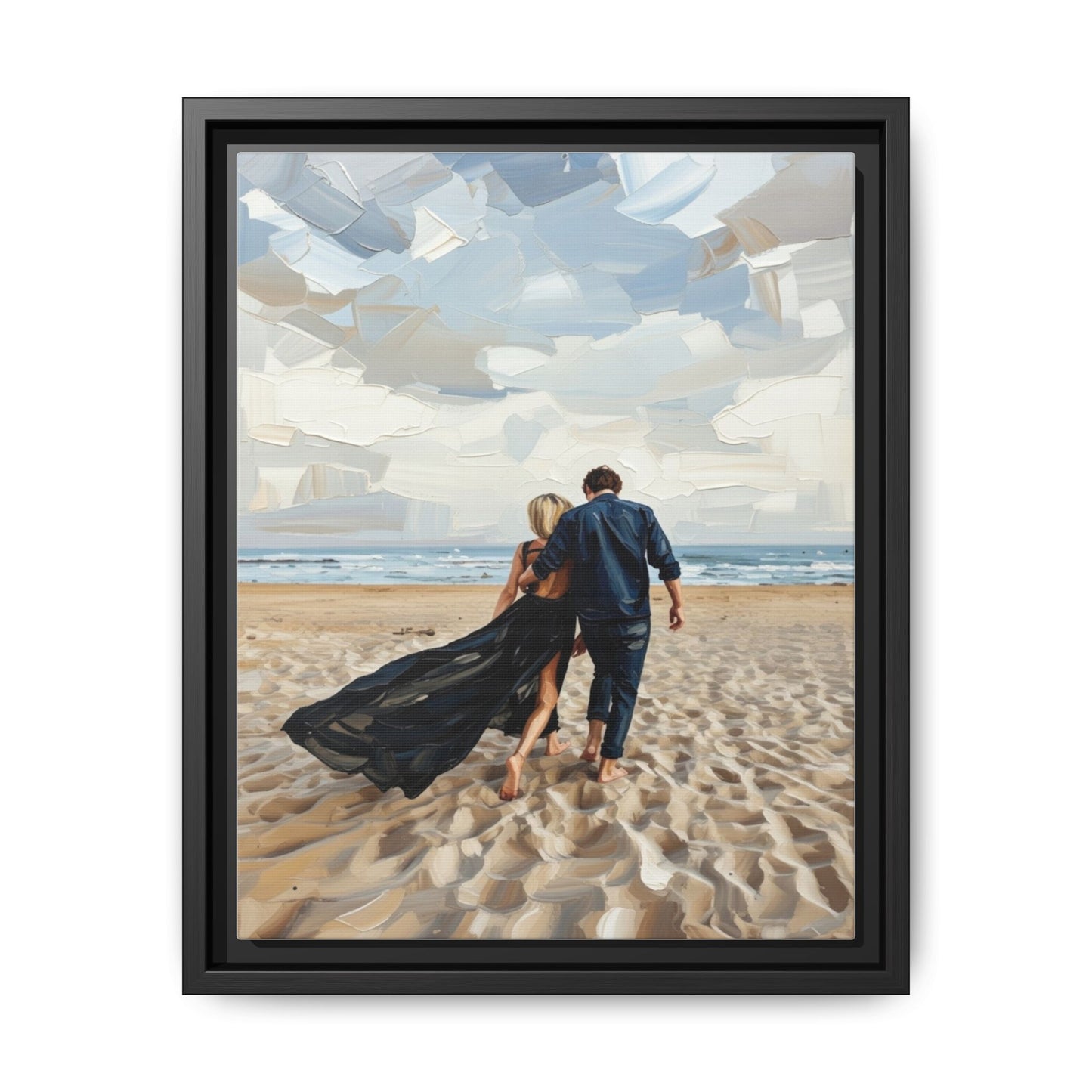 Framed Canvas Wall Art — Romantic Couple Walking on Beach Print