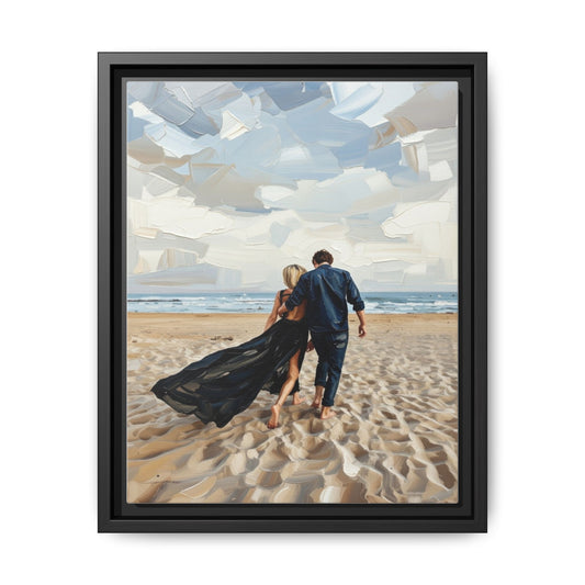 Framed Canvas Wall Art — Romantic Couple Walking on Beach Print