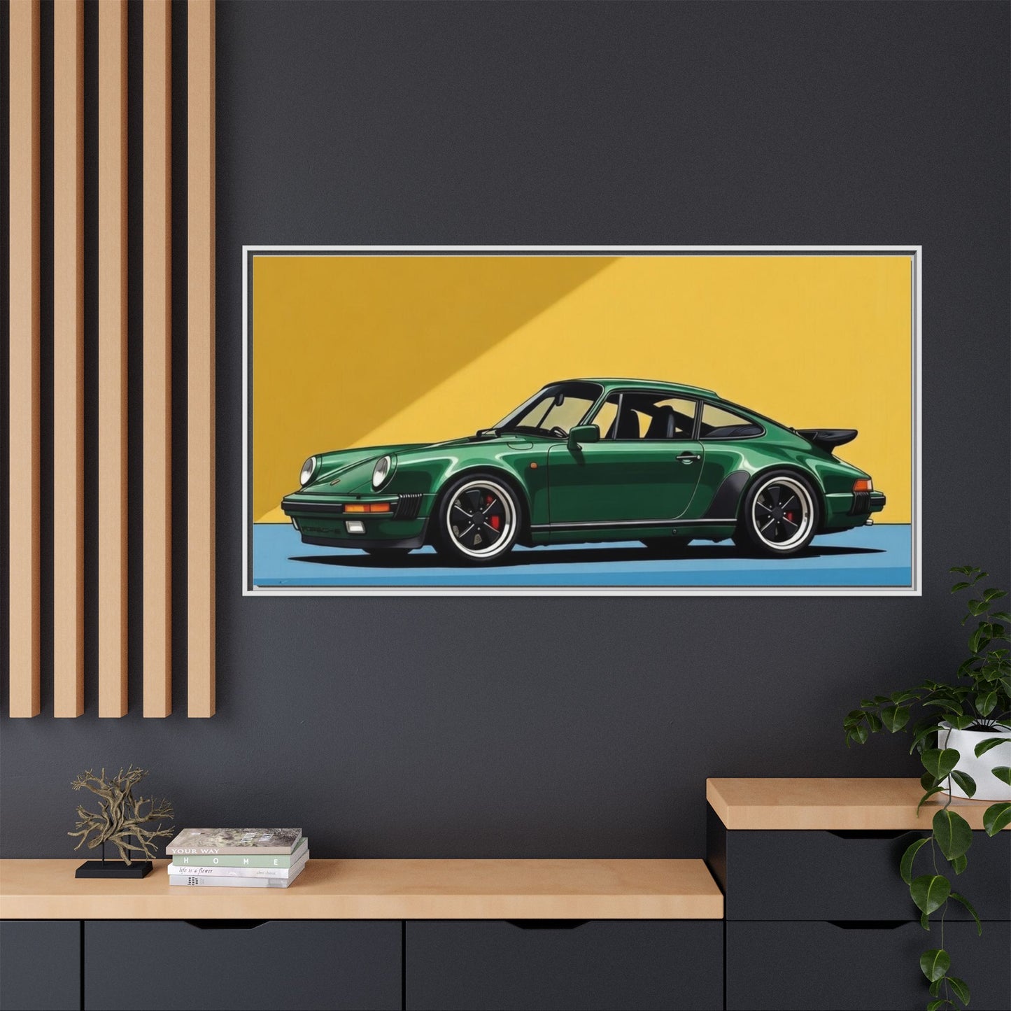 Framed Matte Canvas — Green Sports Car Wall Art