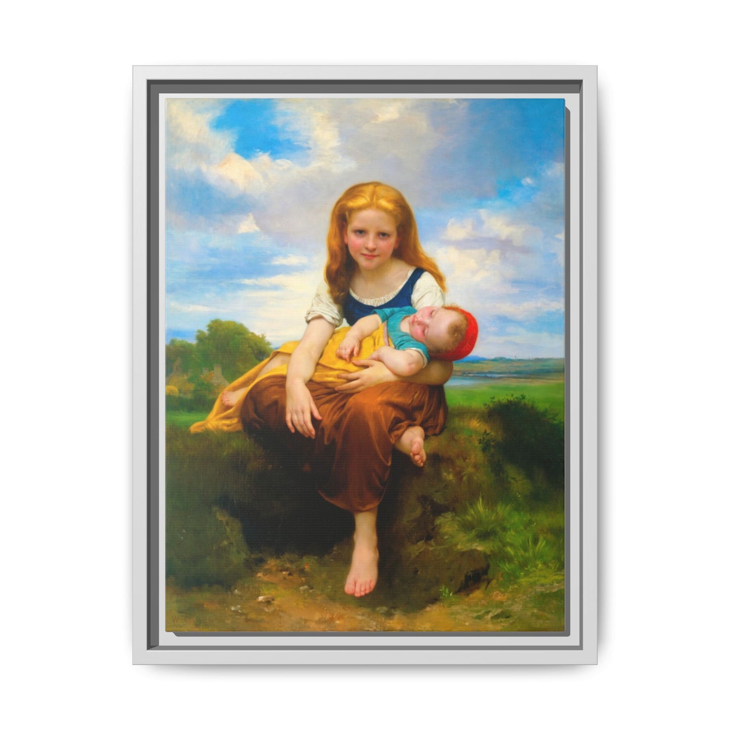 Young Girl Holding Sleeping Baby Canvas Print, Framed Wall Art