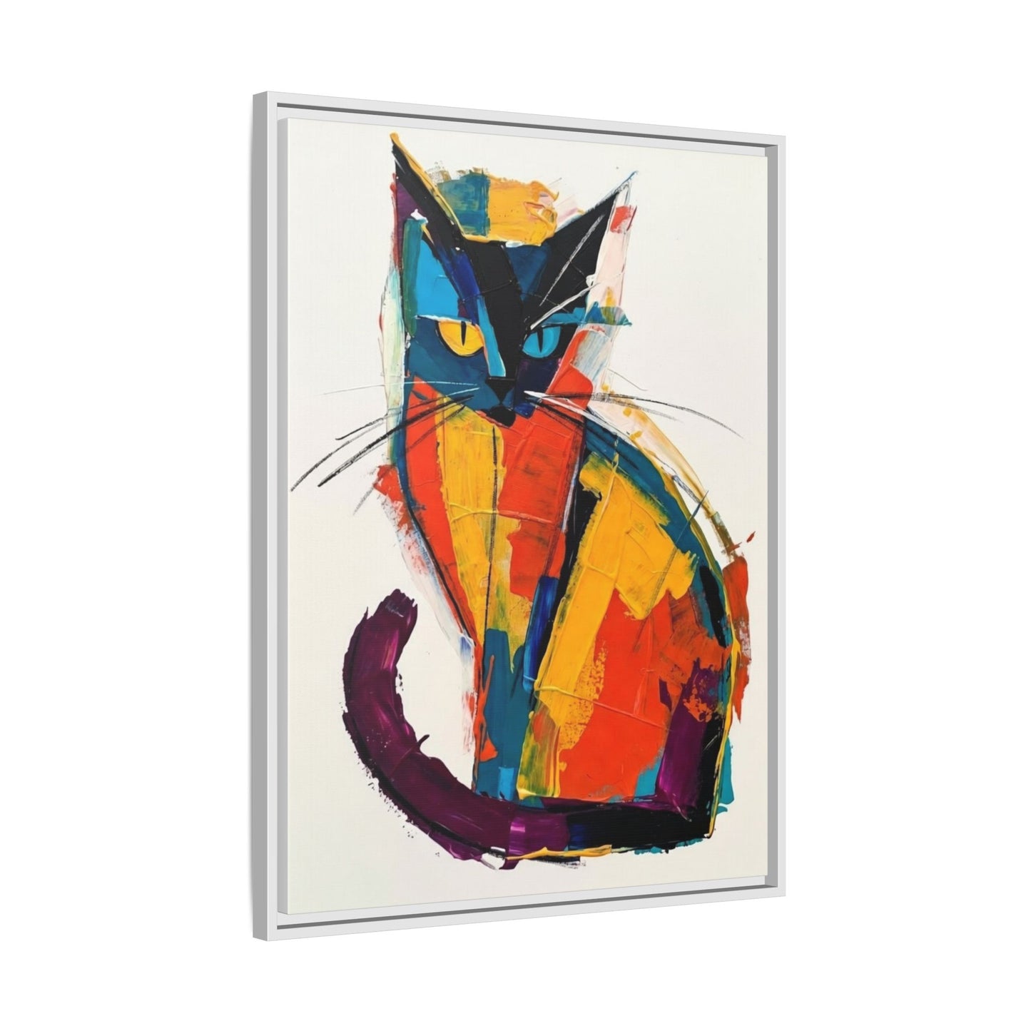 Colorful Abstract Cat Framed Canvas — Modern Matte Wall Art
