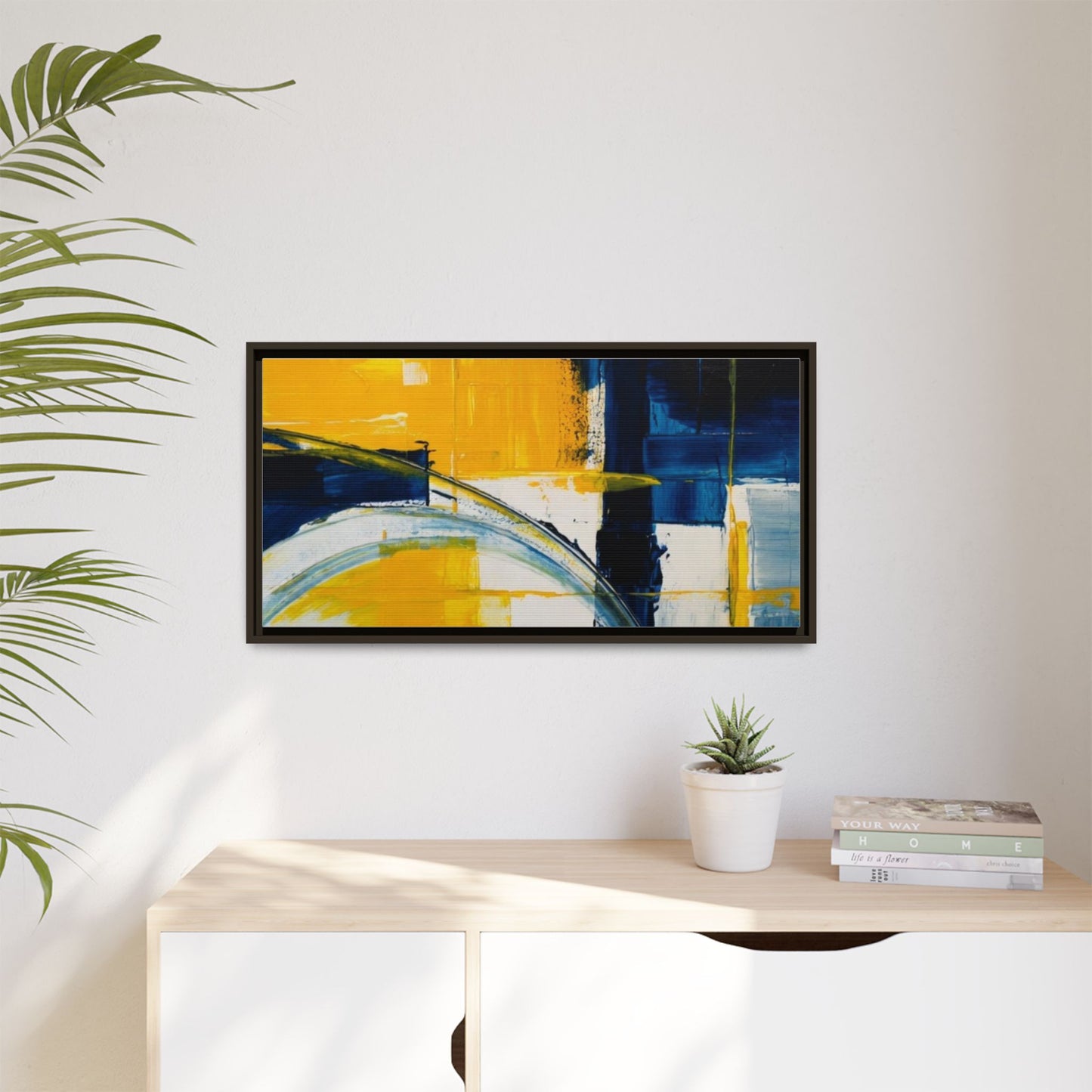 Abstract Yellow & Blue Framed Canvas Wall Art — Modern Matte Canvas Print