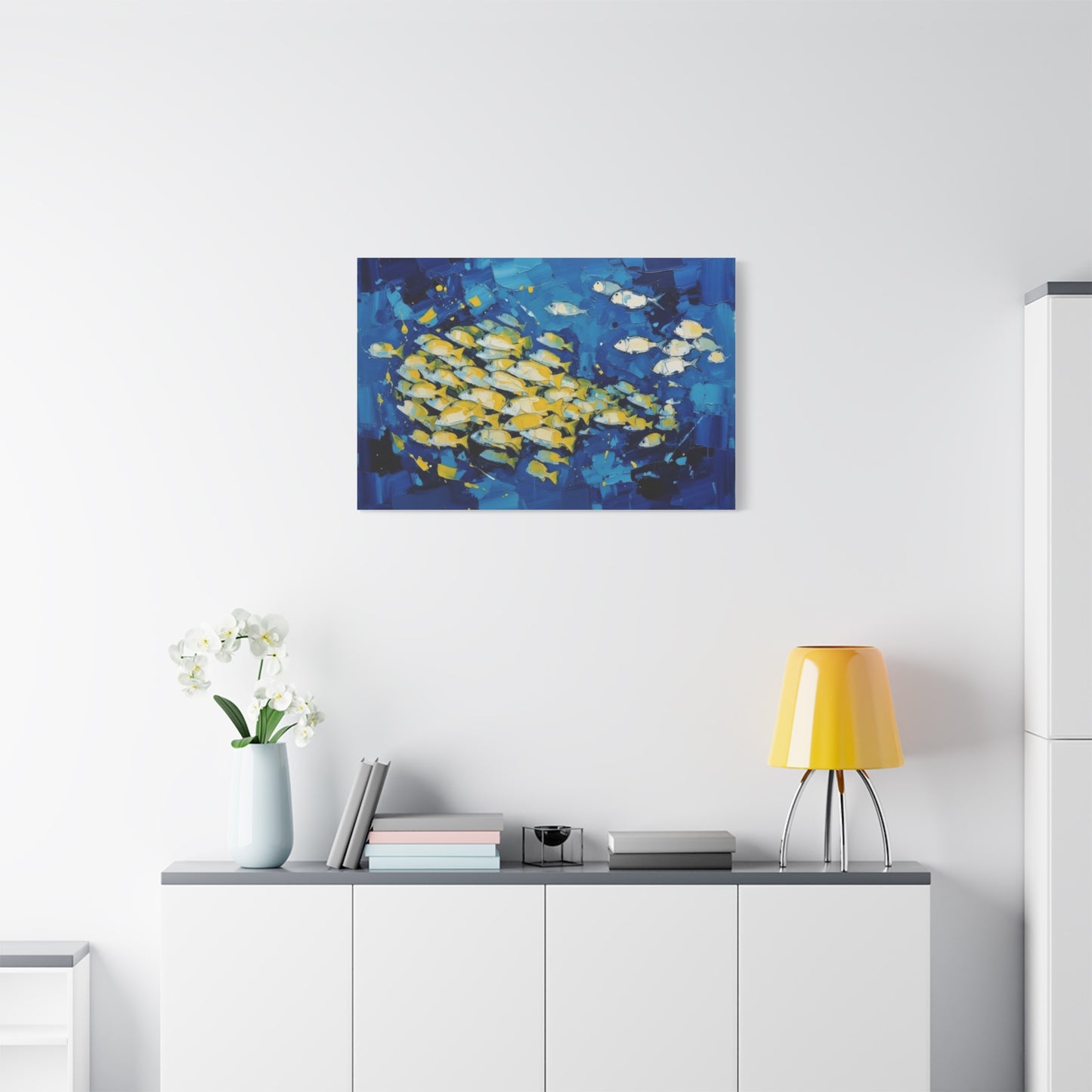 Canvas Wall Art - Blue School of Fish Matte Stretched Canvas