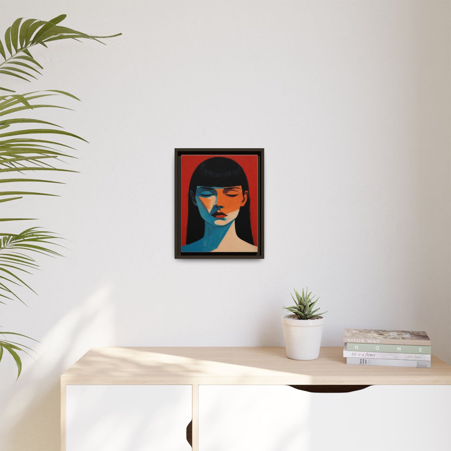 Framed Matte Canvas Art – Minimalist Portrait in Red & Teal