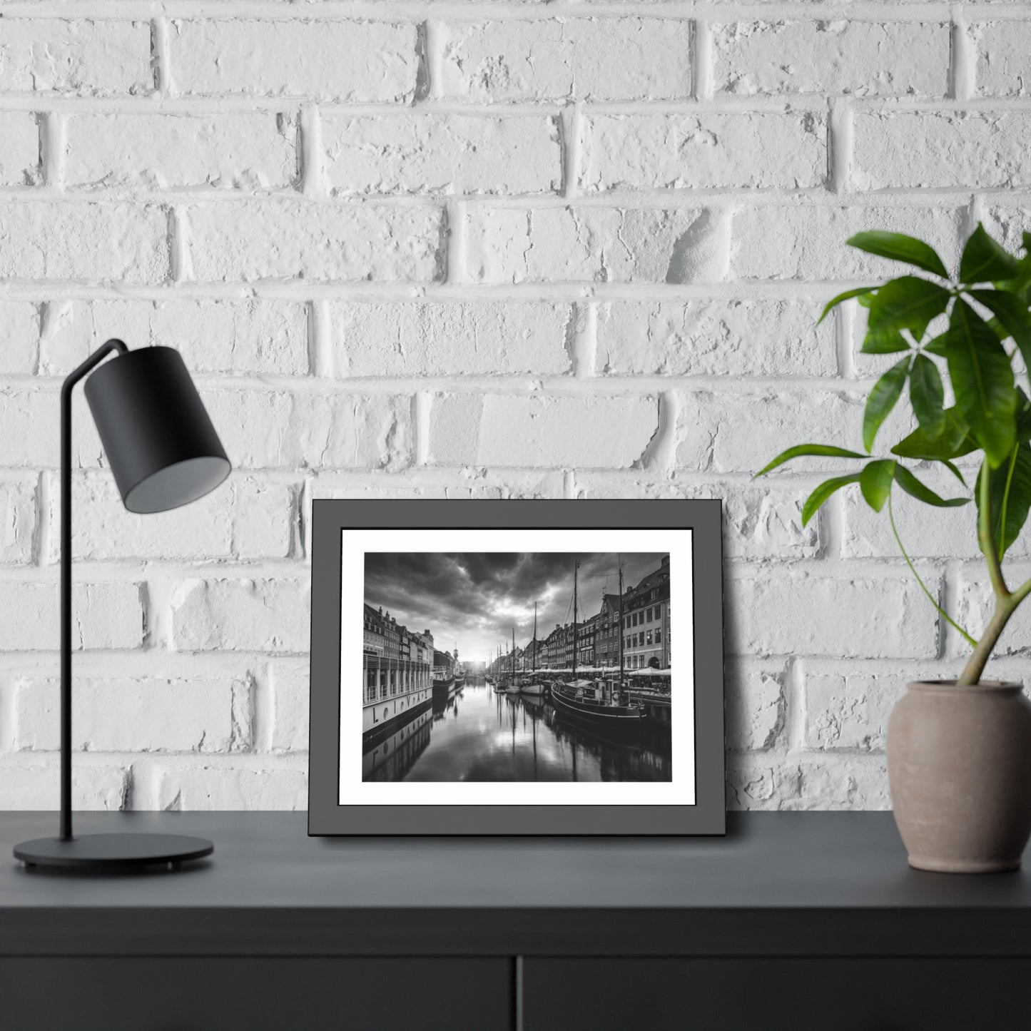 Black & White Dutch Canal Framed Photo Print — Nautical Cityscape Wall Art