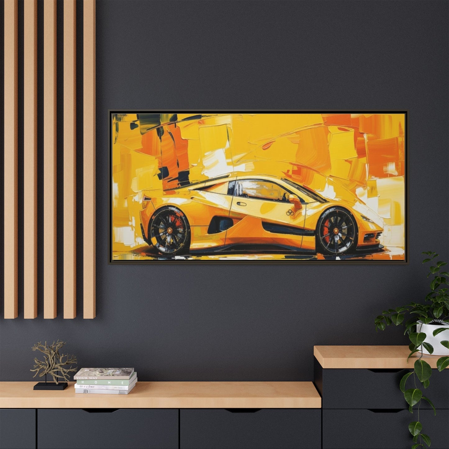 Yellow Sports Car Abstract Matte Canvas Framed Print