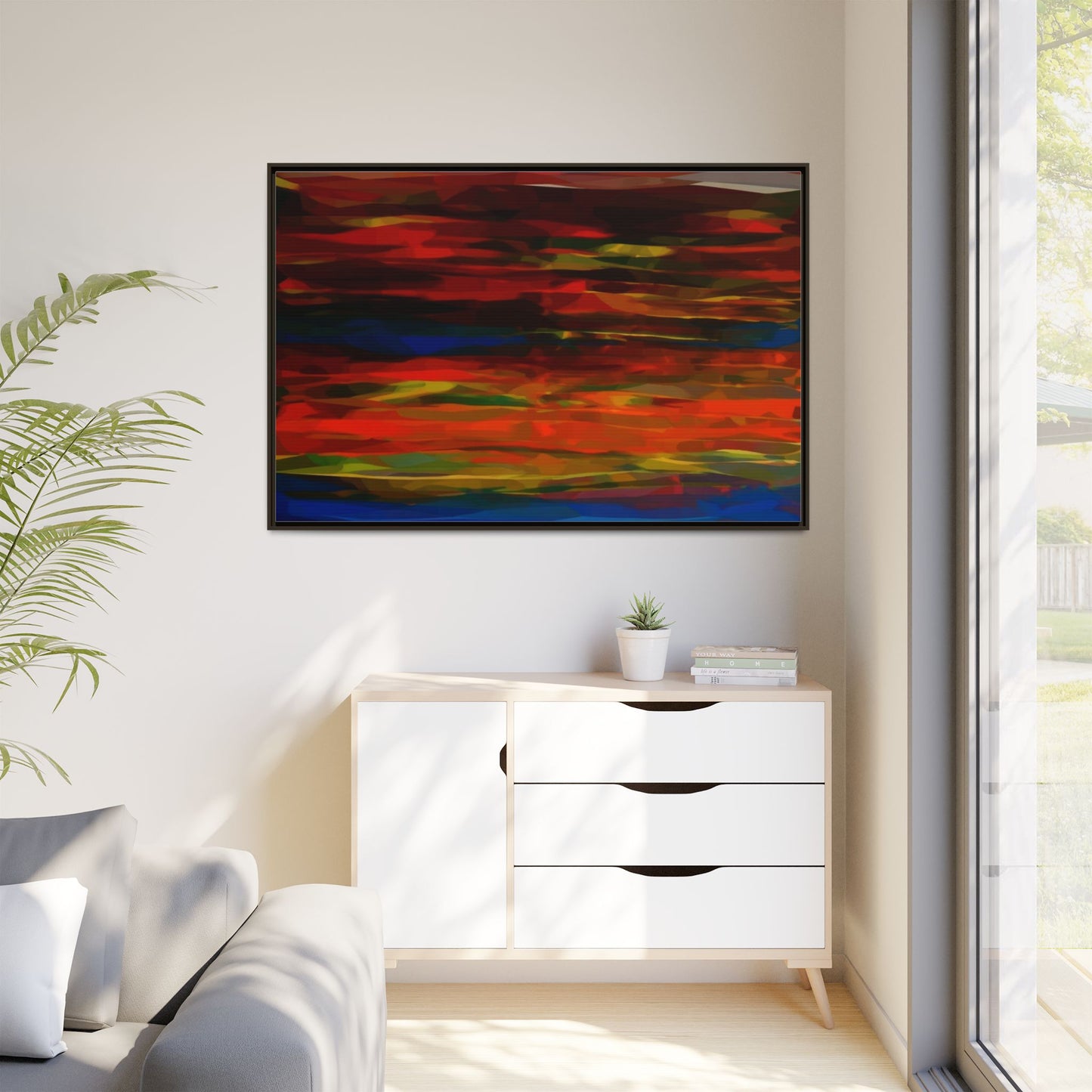Abstract Multi-Color Matte Canvas Framed Wall Art — Bold Red & Blue Modern Painting