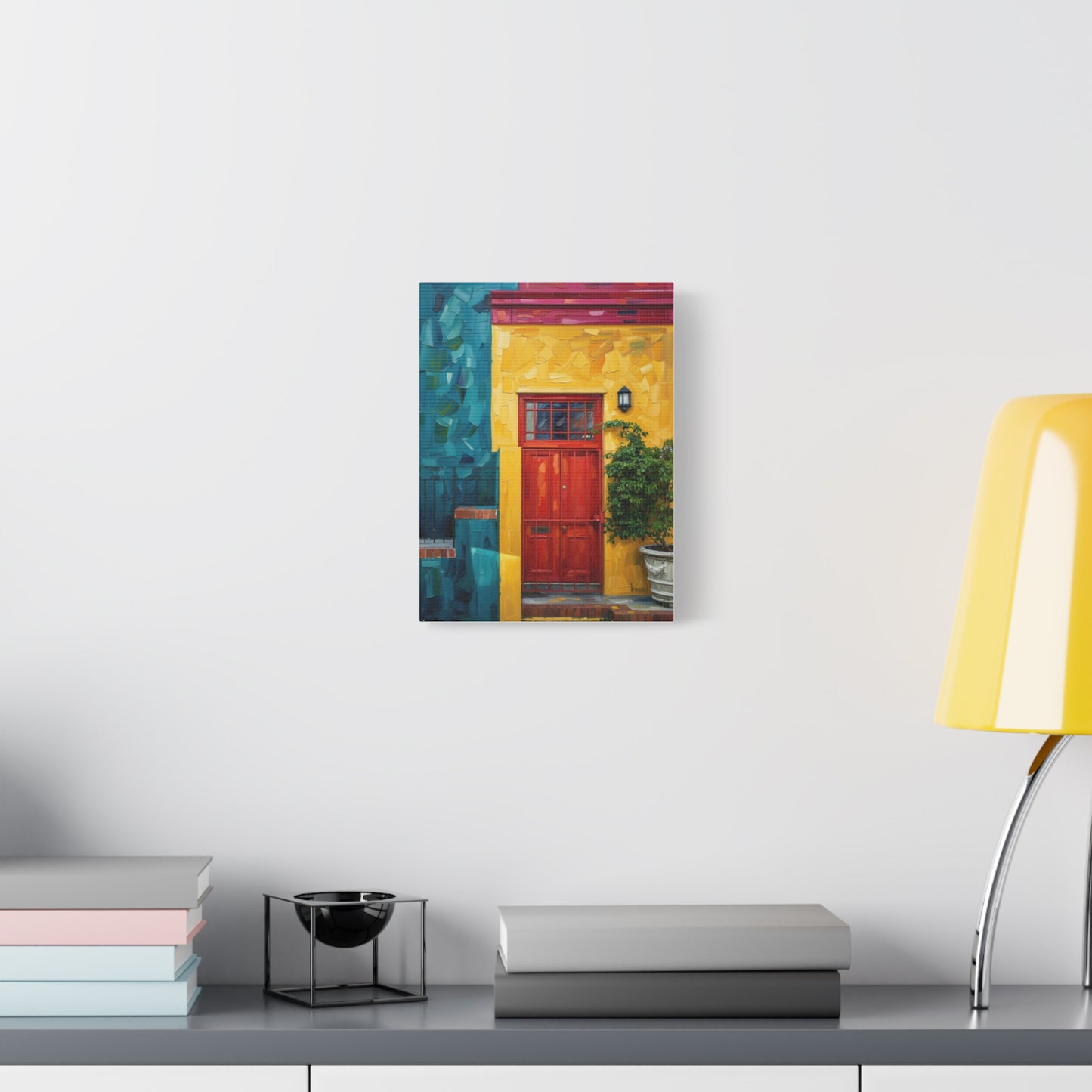 Colorful Doorway Canvas Wall Art — Vibrant Yellow & Teal Street Scene, Matte Stretched Print