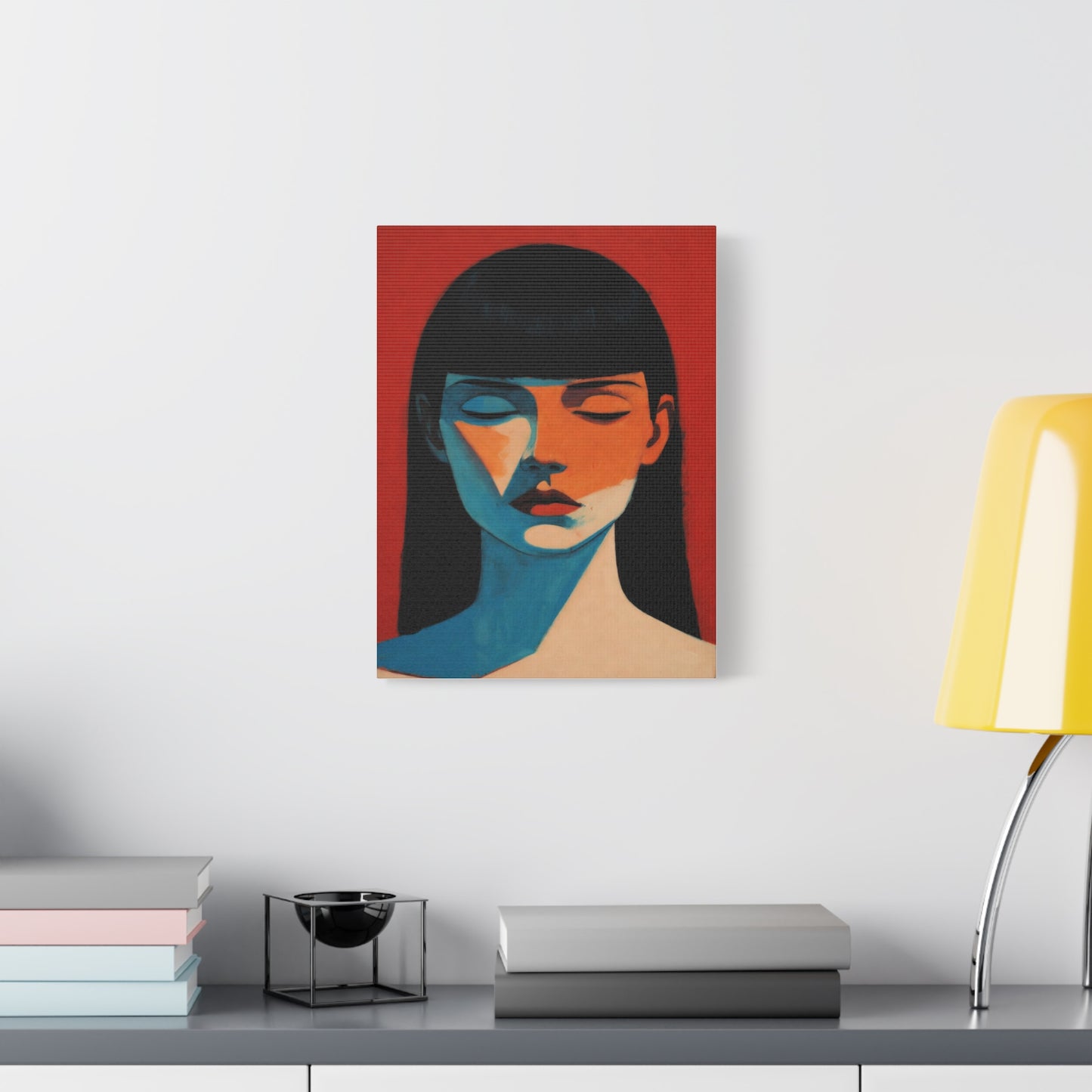 Portrait Canvas Wall Art — Modern Minimalist Woman in Red & Blue