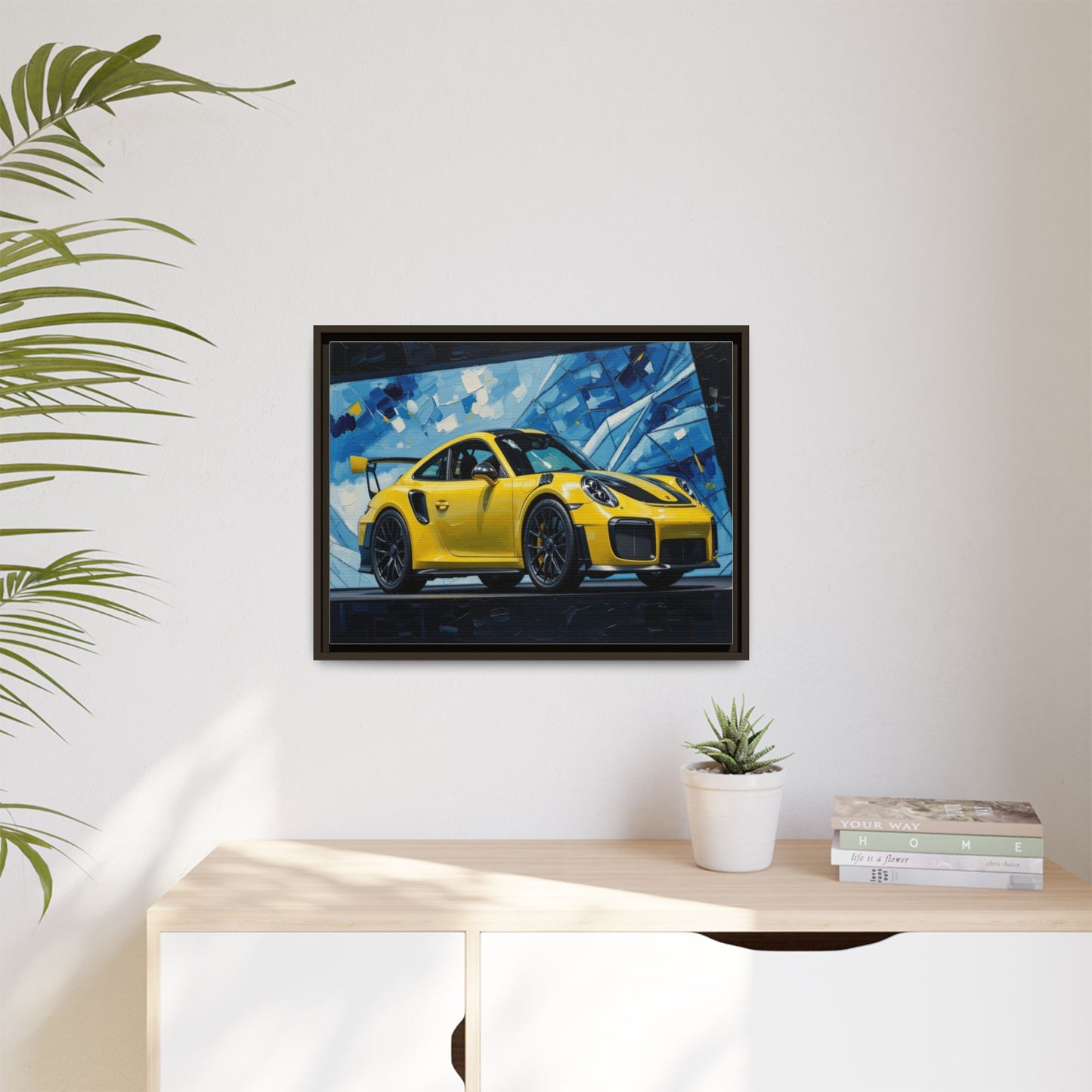 Yellow Porsche Sports Car Matte Framed Canvas – Modern Automotive Wall Art