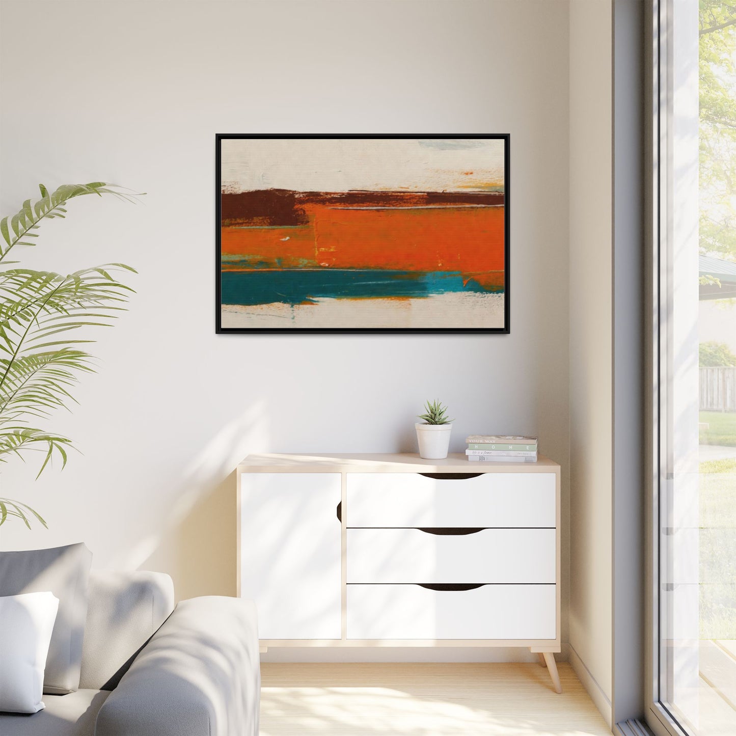Abstract Horizon Matte Canvas Framed Print — Modern Orange Teal Wall Art