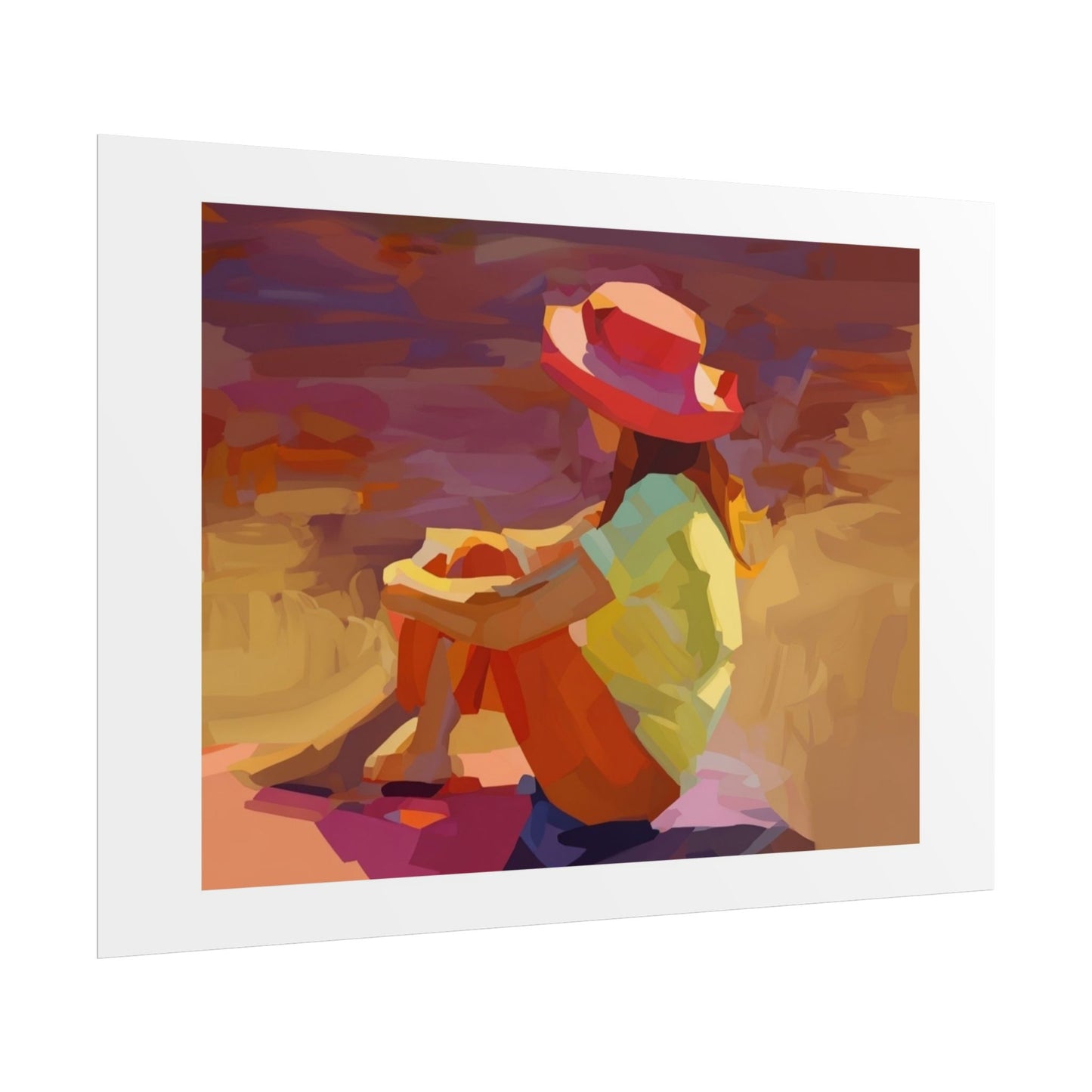 Sunset Daydream Rolled Poster — Colorful Girl in Hat Beach Art Print