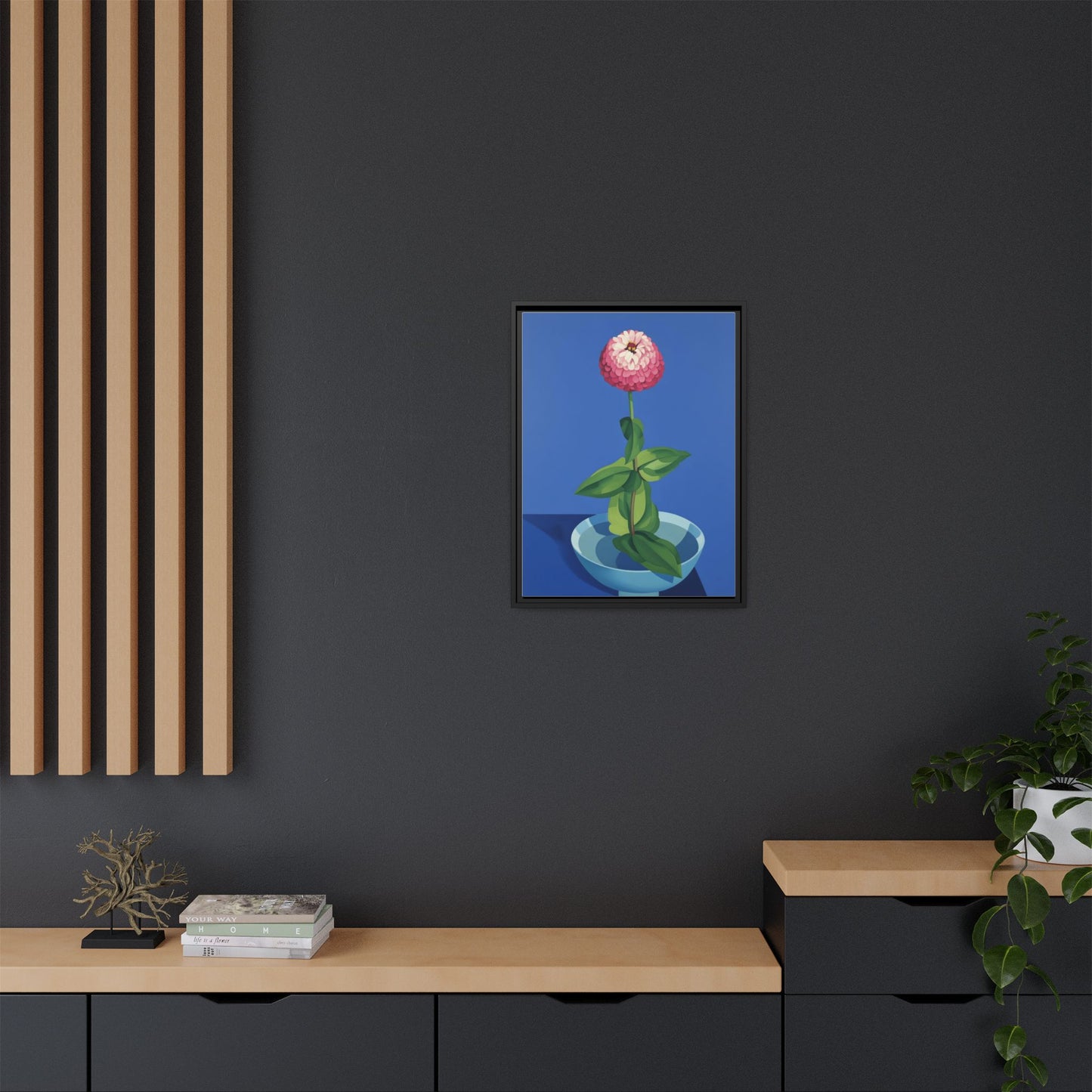 Framed Matte Canvas Art — Pink Zinnia in Blue Bowl (Botanical Still Life)
