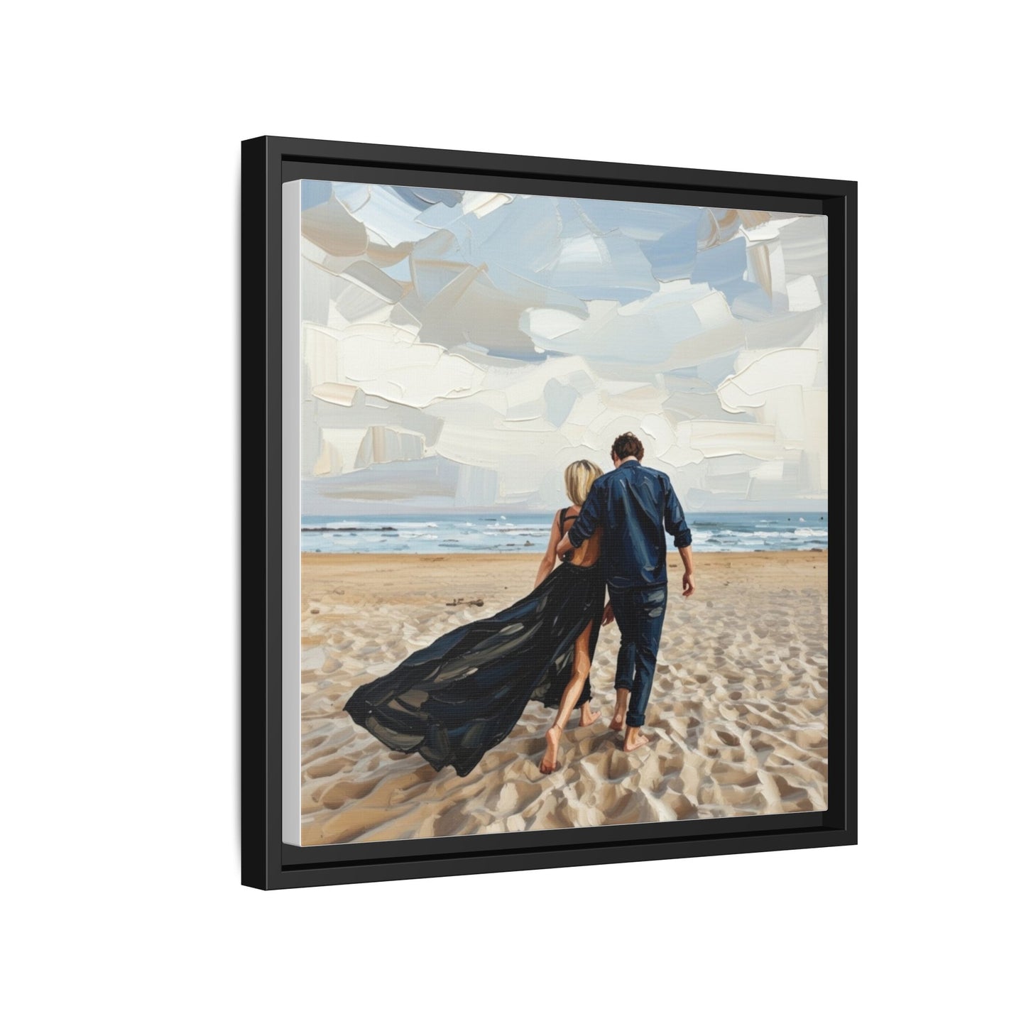Framed Canvas Wall Art — Romantic Couple Walking on Beach Print