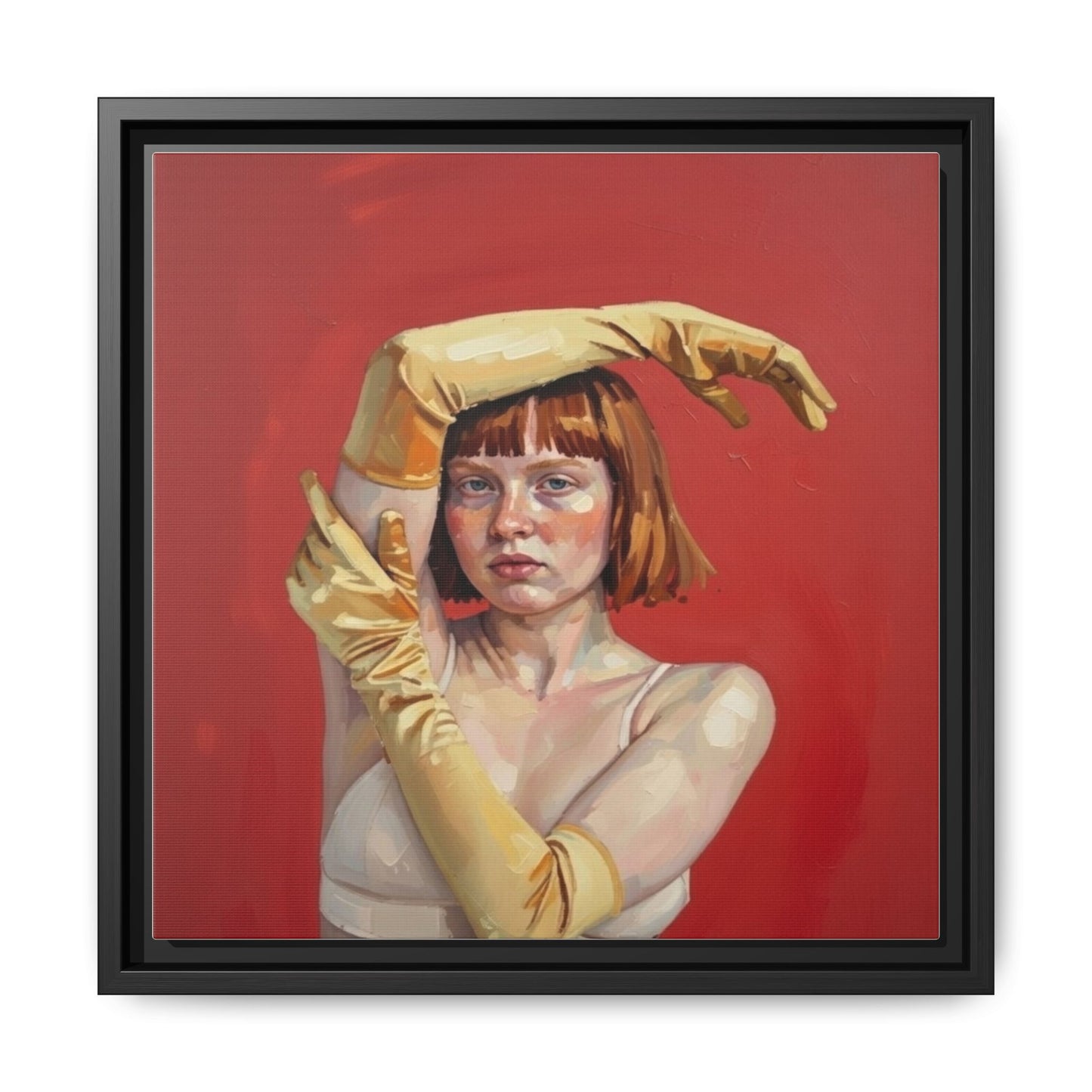 Framed Matte Canvas Art - Portrait of Woman in Yellow Gloves (Red Background)