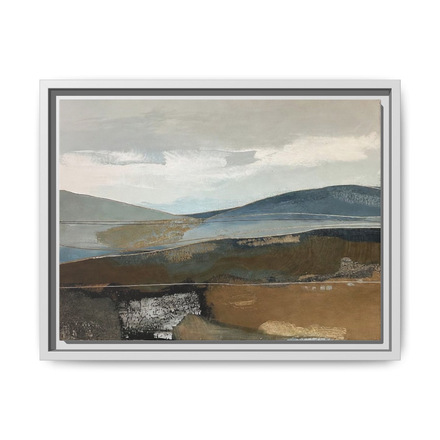 Framed Matte Canvas Landscape Art - Serene Abstract Hills in Blue & Earth Tones