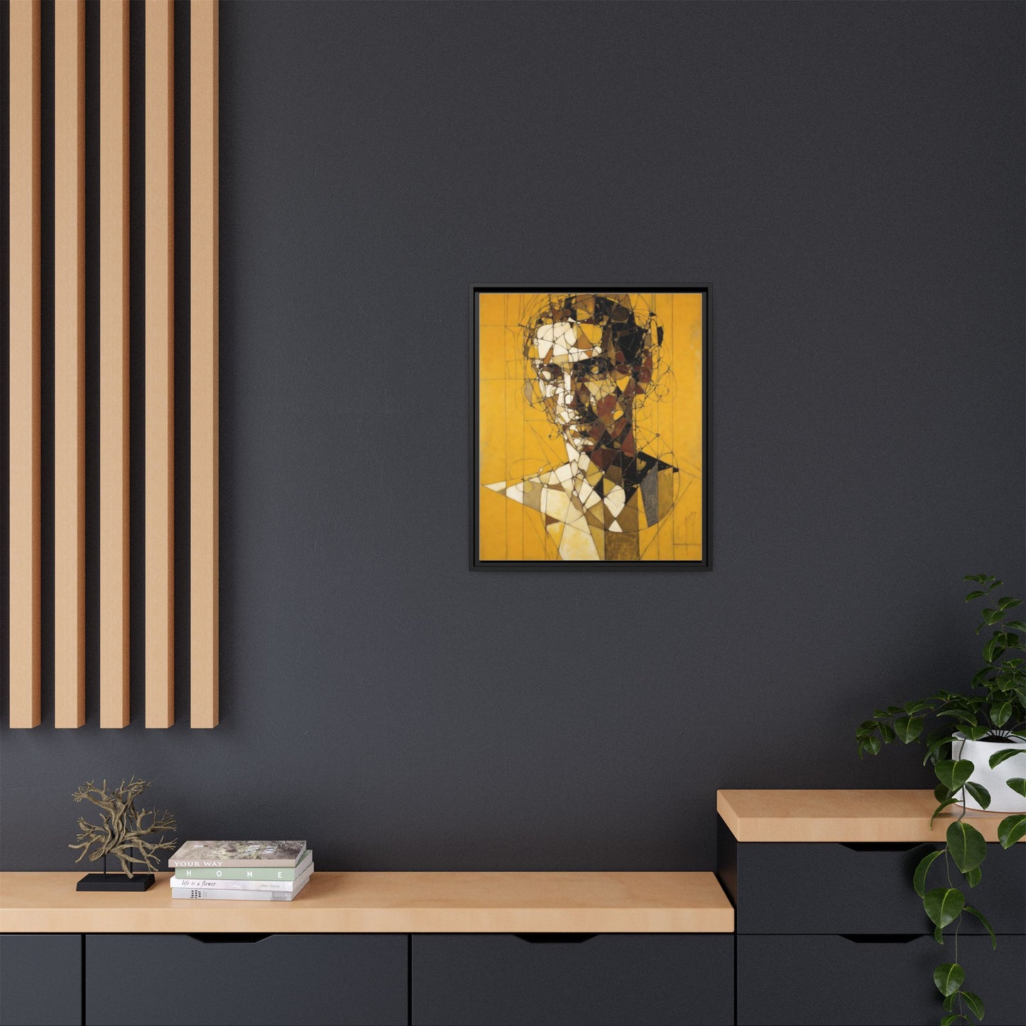 Framed Matte Canvas Art - Abstract Geometric Portrait on Mustard Yellow