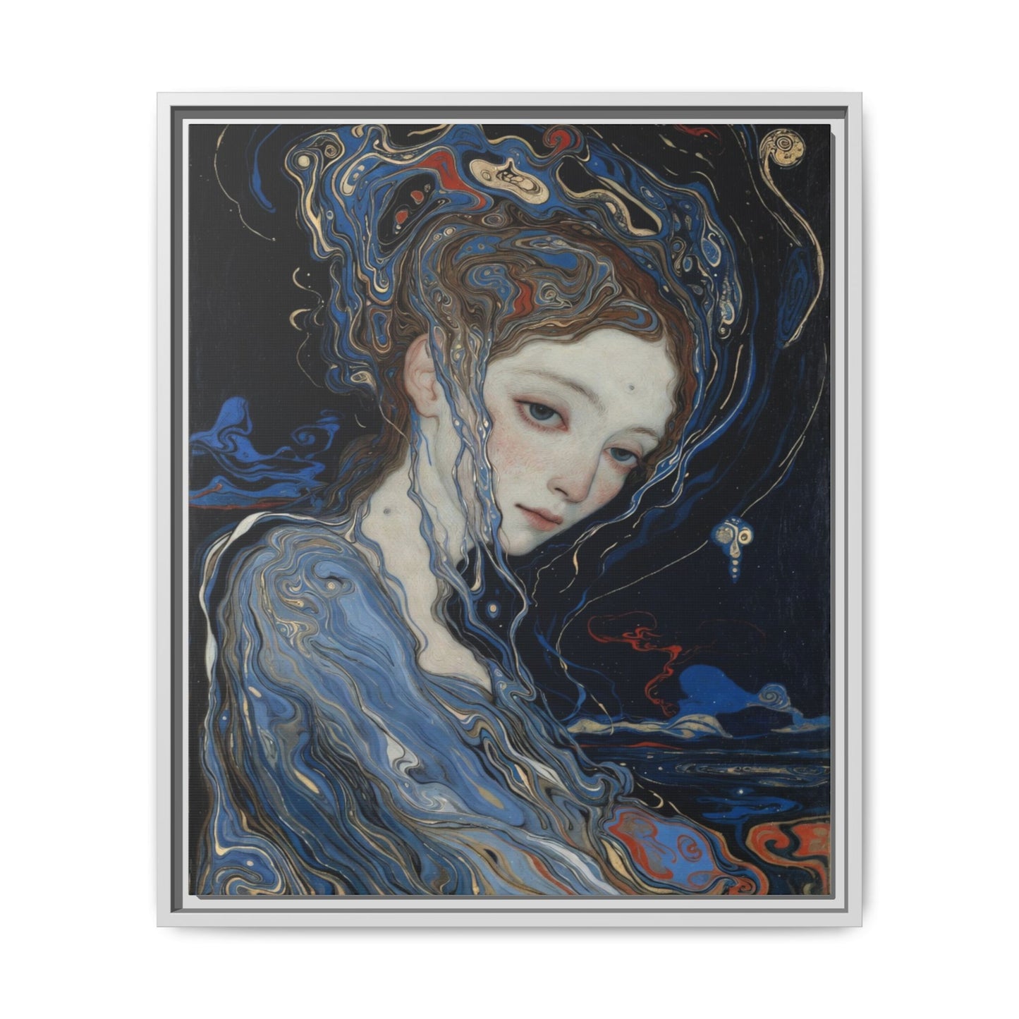 Framed Matte Canvas Art Print — Surreal Blue Maiden Portrait