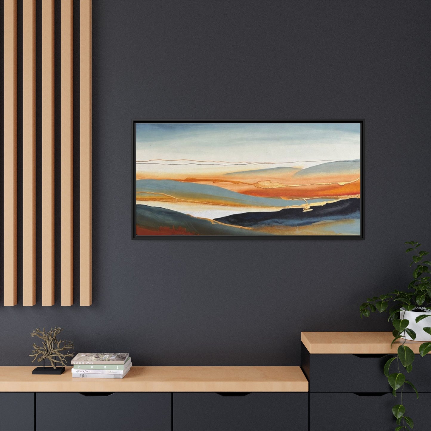 Framed Matte Canvas: Abstract Coastal Sunset Landscape Wall Art