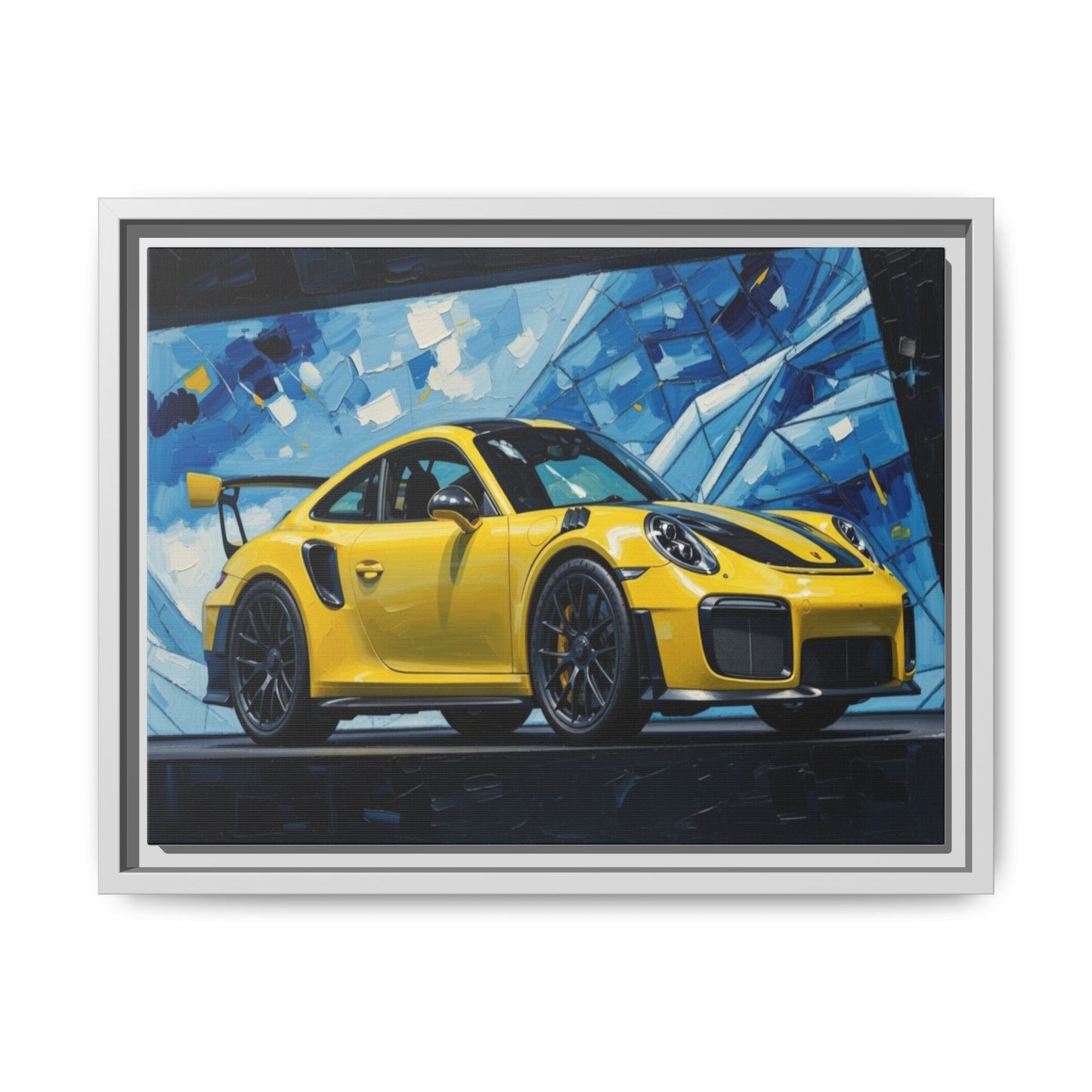 Yellow Porsche Sports Car Matte Framed Canvas – Modern Automotive Wall Art